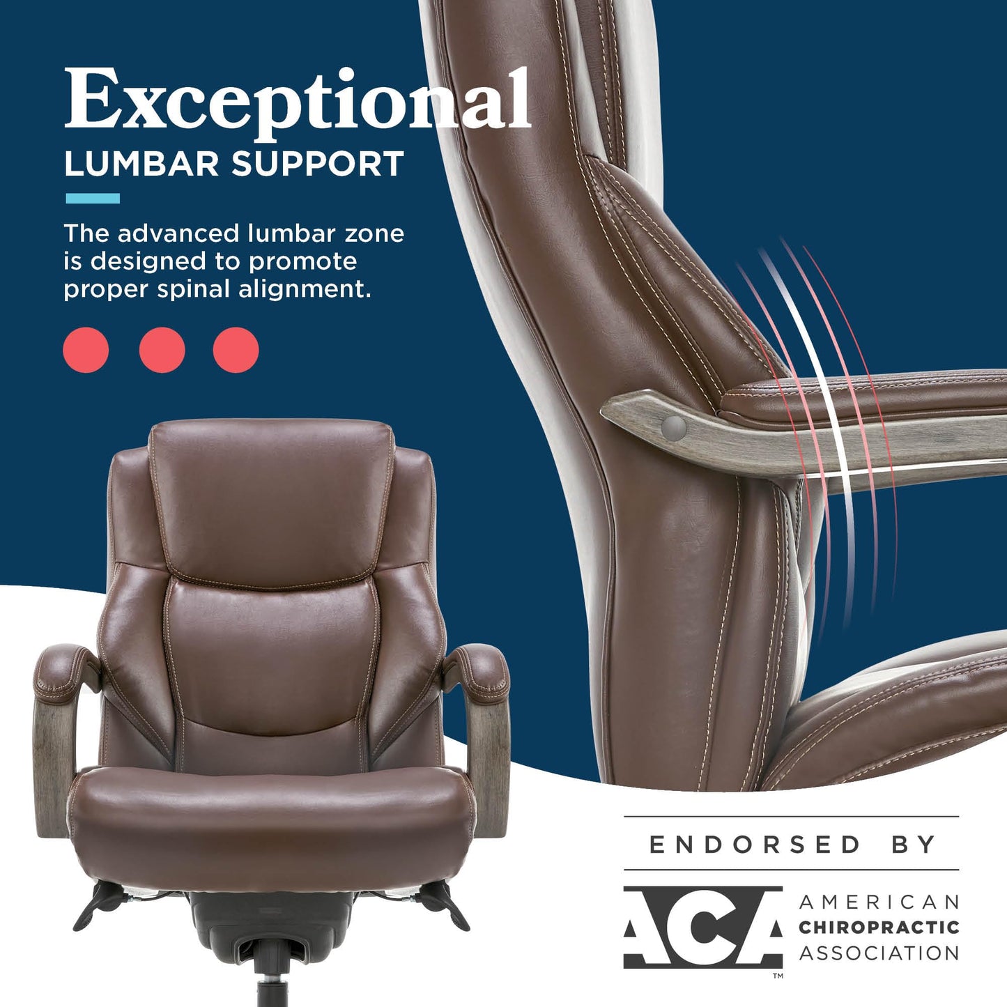 La-Z-Boy Delano Big and Tall Executive Office Chair - Ergonomic Lumbar Support Memory Foam - Bonded Leather Desk Chair for Home Office - Weathered Gray Wood Arms - Brown