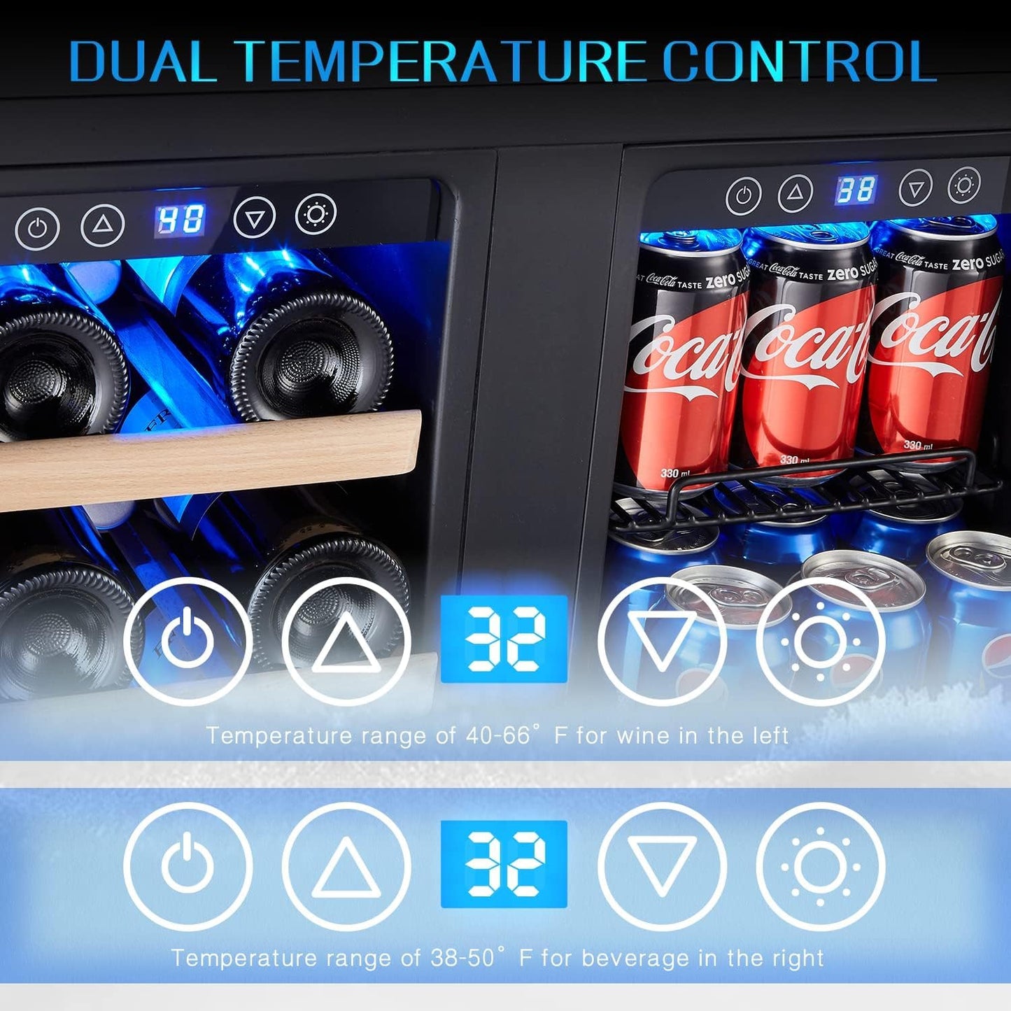 Kalamera 24 inch Wine Fridge Hold 21 Bottles and 75 Cans,Dual Zone Wine and Beverage Refrigerator,Built-In or Freestanding with Blue LED Light,for Home/Bar/Office