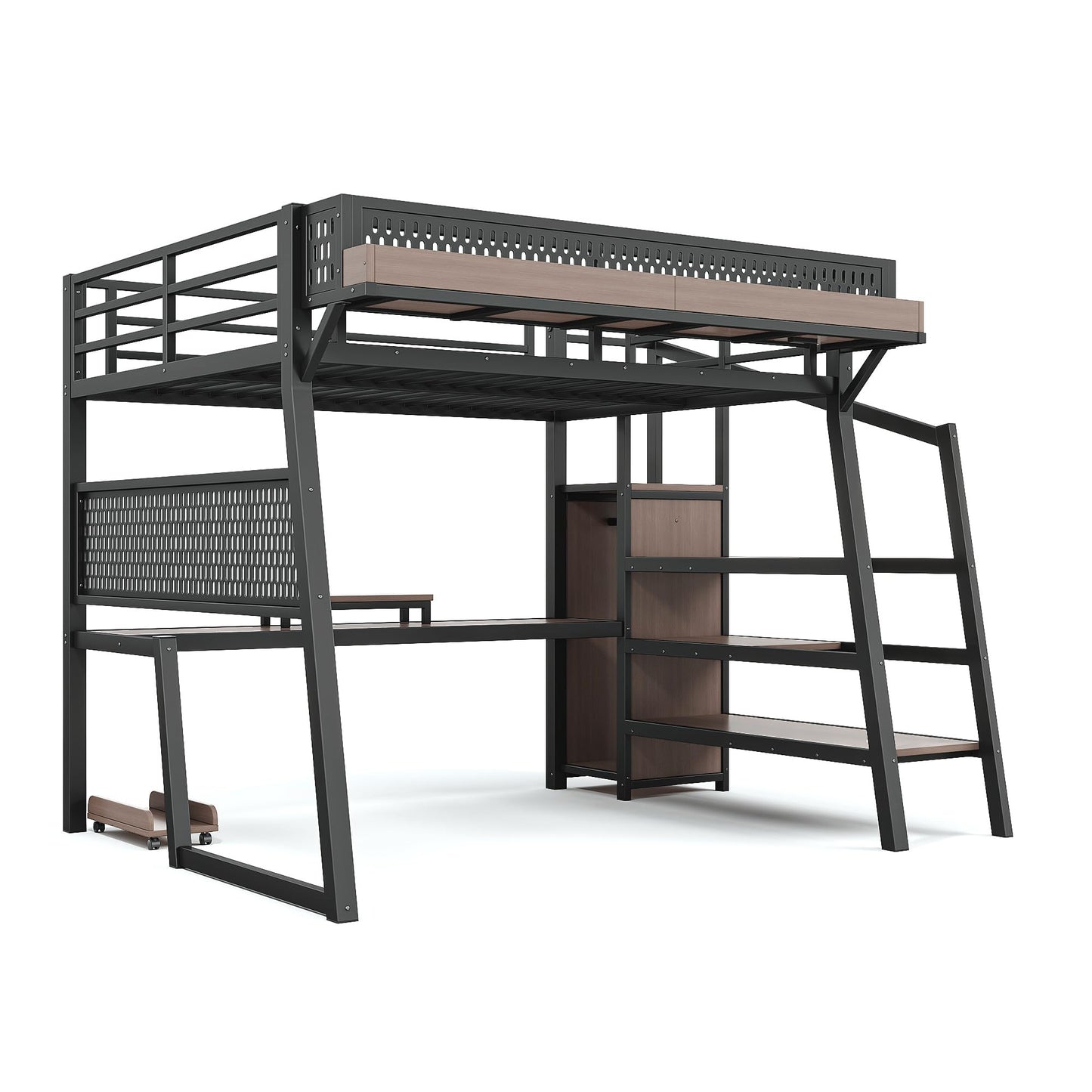 KEIKI Full Loft Bed with Storage Stairs, Metal Shelves Gaming Loft Bed Frame with USB Ports, LED Lights, Pegboard, Built-in Wardrobe, Noise-Reduced Design, Black