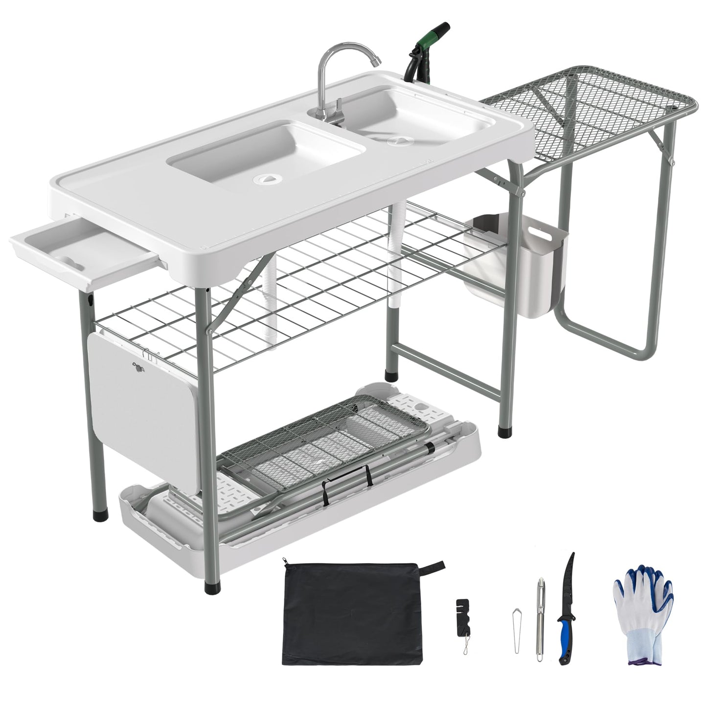 Dragosum Fish Cleaning Table, Portable Folding Camping Table with Folding Grill Extension Board, Fish Cleaning Station with Dual Sinks, Hose Hook Up
