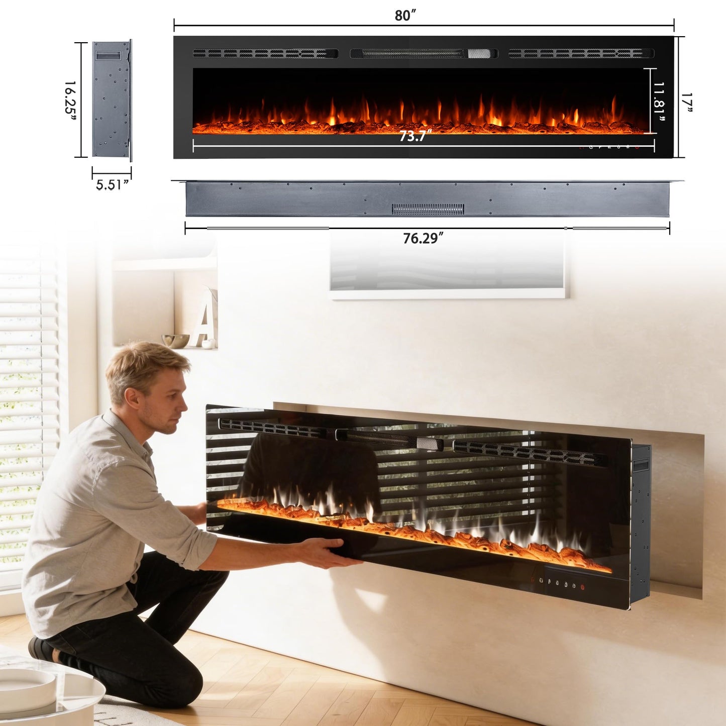CharaVector 80 inch 750W/1500W Electric Fireplace Inserts with Remote Control in Wall Mounted, Energy Saving LED Insert Fireplace Heater Indoor Glass View with Remote Control & Touch Screen, Black
