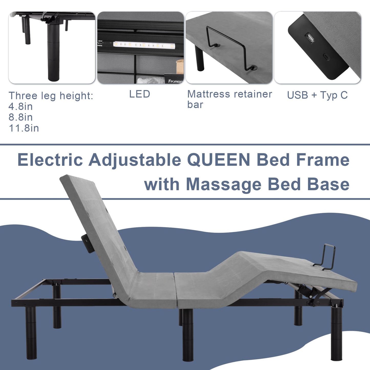 Fromann Adjustable Electric Queen Bed Base Frame with Massage, USB Type-C Ports, Zero Gravity, Under Bed Led Lighting and Three Leg Height (Grey)