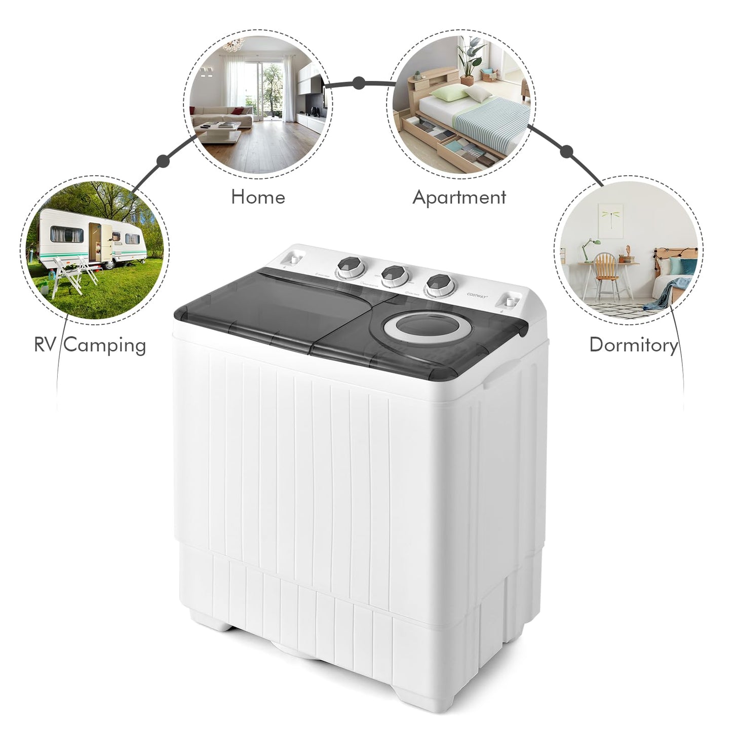 COSTWAY Portable Washing Machine, 2-in-1 Twin Tub 26lbs Capacity Laundry Washer(18lbs) and Spinner(8lbs) with Control Knobs, Timer Function, Drain Pump, Perfect for Home Apartment RV, Grey