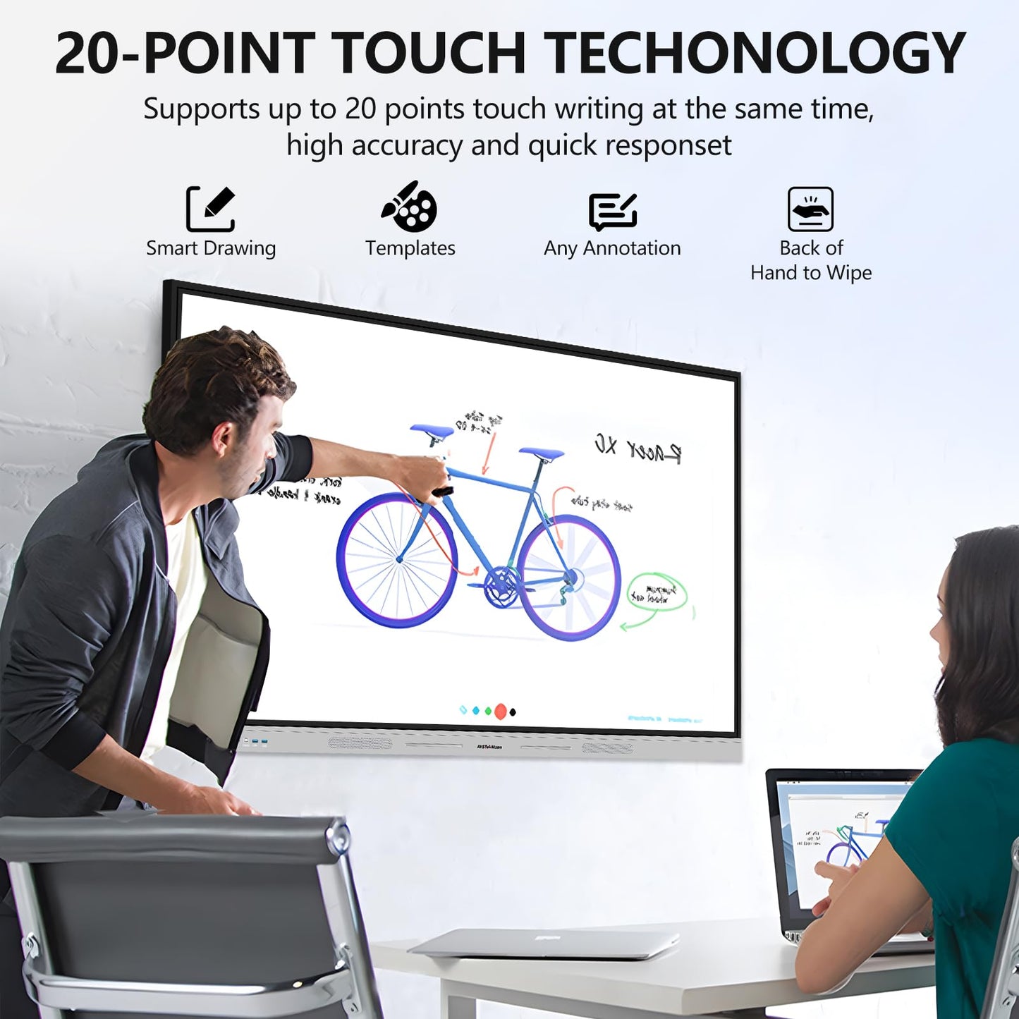 AYSTeKMann Smart Board 55 inch 4K Interactive Whiteboard Touch Screen, Digital Smart Whiteboard for Classroom and Business with Android 14.0-8+128 GB(Wall Mount Included)