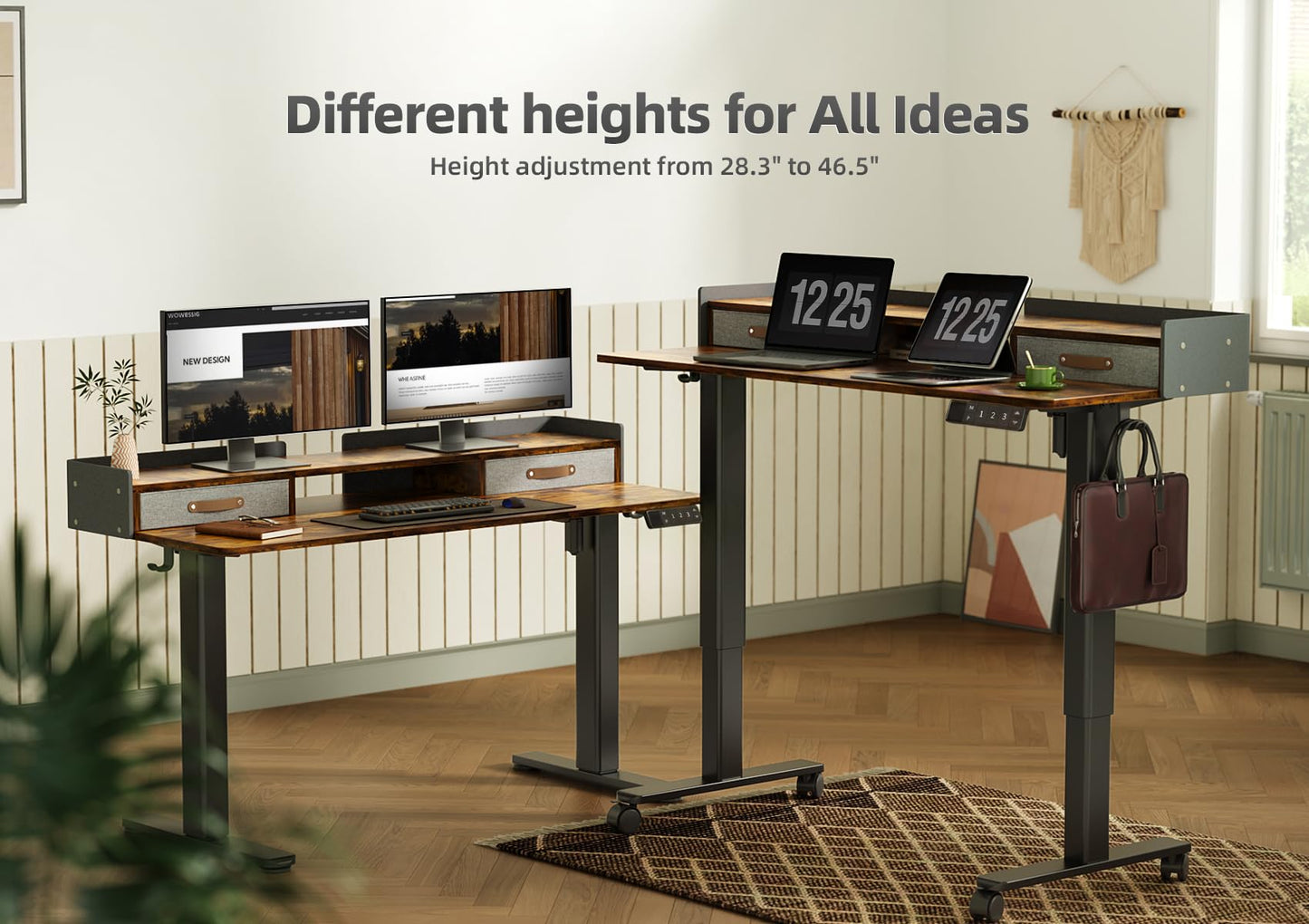 YDN Rustic Brown 2-Tier Adjustable Electric Standing Desk, 48 inch, Modern Design with 2 Drawers, Felt Fence, Hook, for Office