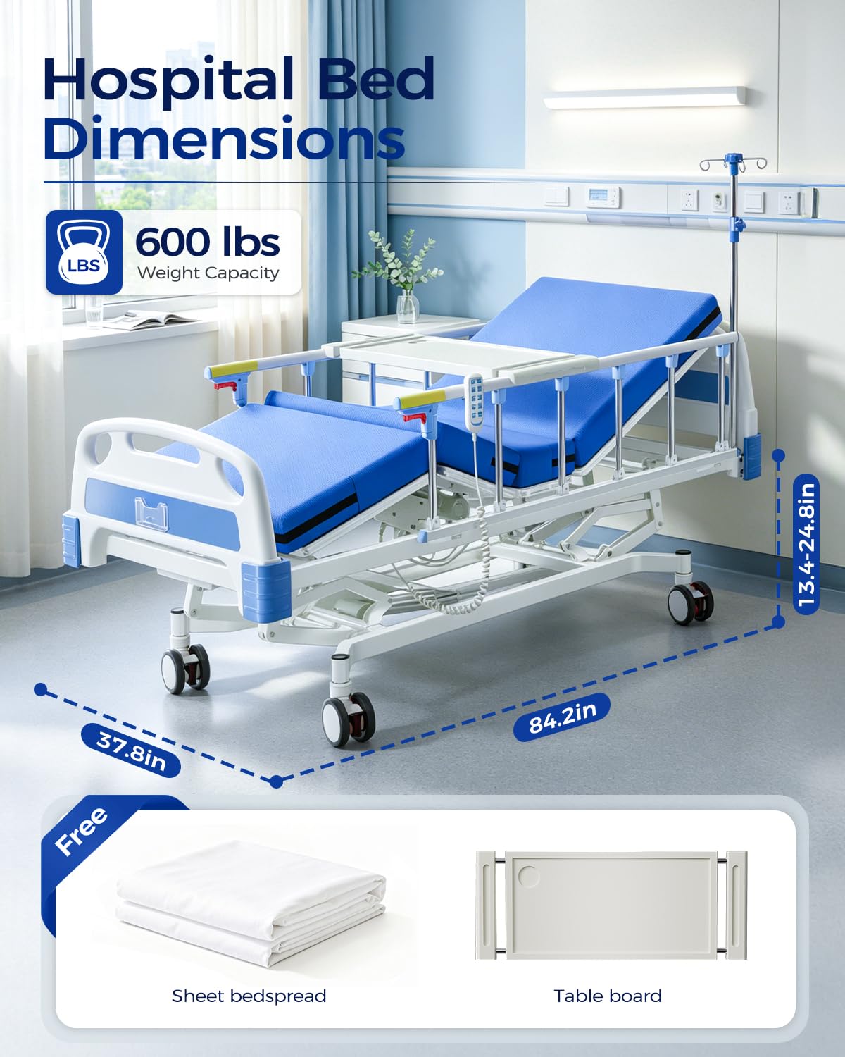 HaiyoHBED 4 Function 600LBS Full Electric Hospital Bed, Beds for Home Use, Special Needs Medical Bed for Seniors with Mattress, Adjustable Hospital, Frame IV Pole, Medical Equipment Beds