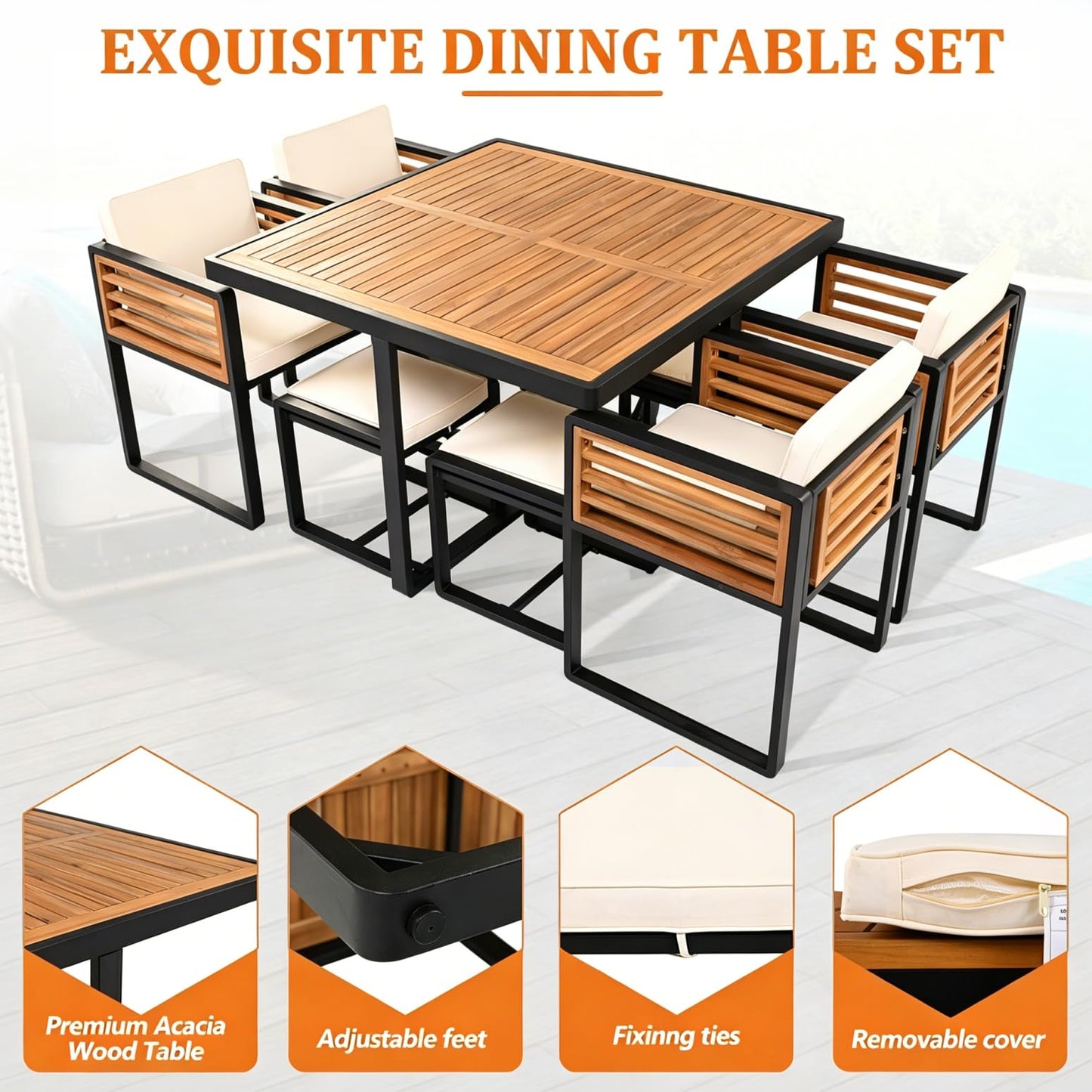 Merax 9-Piece Patio Dining Set for 8 People, Acacia Wood Outdoor Furniture Sets with 1 Square Table, 4 Cushioned Chairs and 4 Ottomans for Backyard, Garden, Lawn, Poolside, Space Saving Design, Beige
