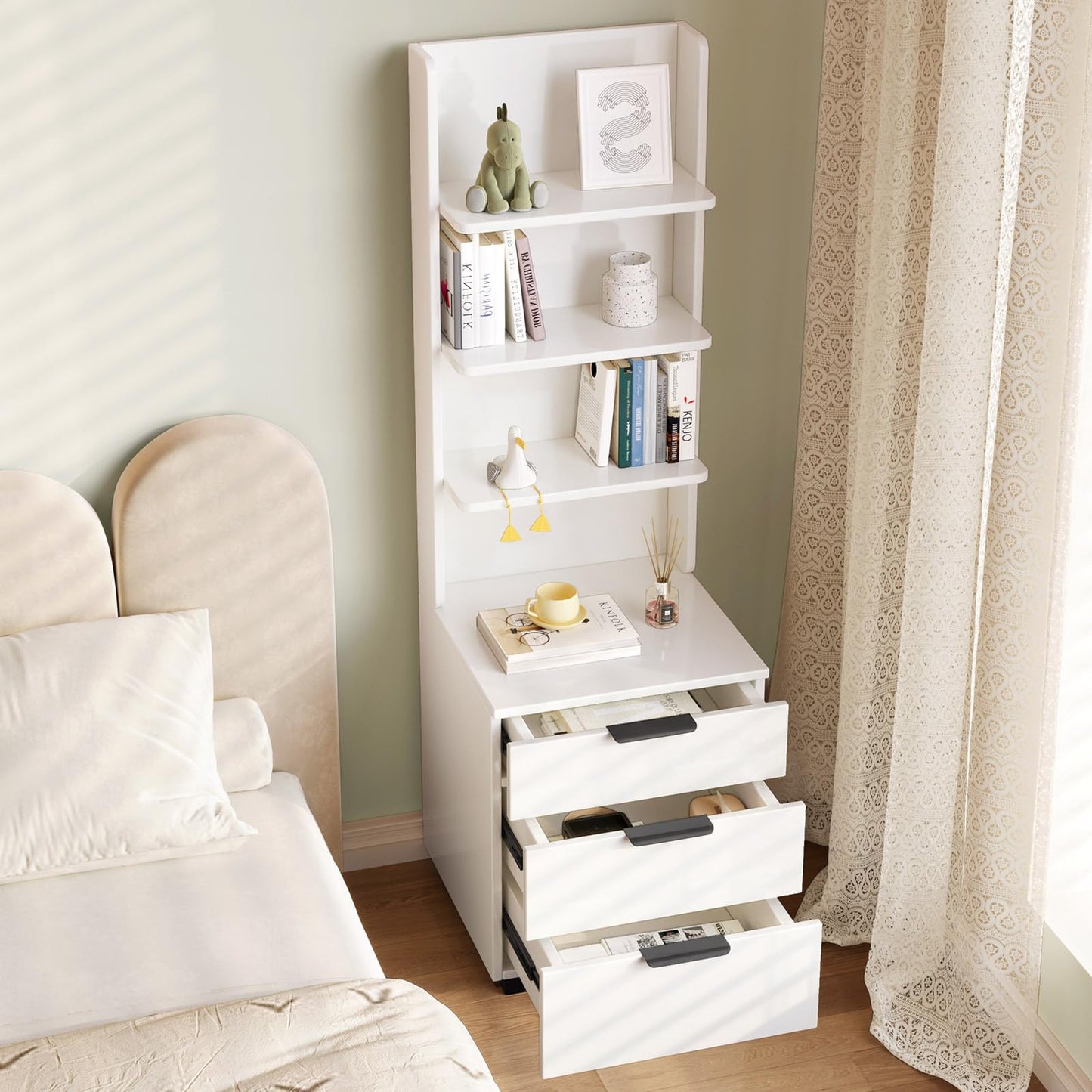QEZEOM Tall Nightstand with Drawers & Open Shelves, 51.18" Bedside Storage Cabinet, Modern Free-Standing Bedroom End Table with Bookcase, Space-Saving, Easy Assembly, White