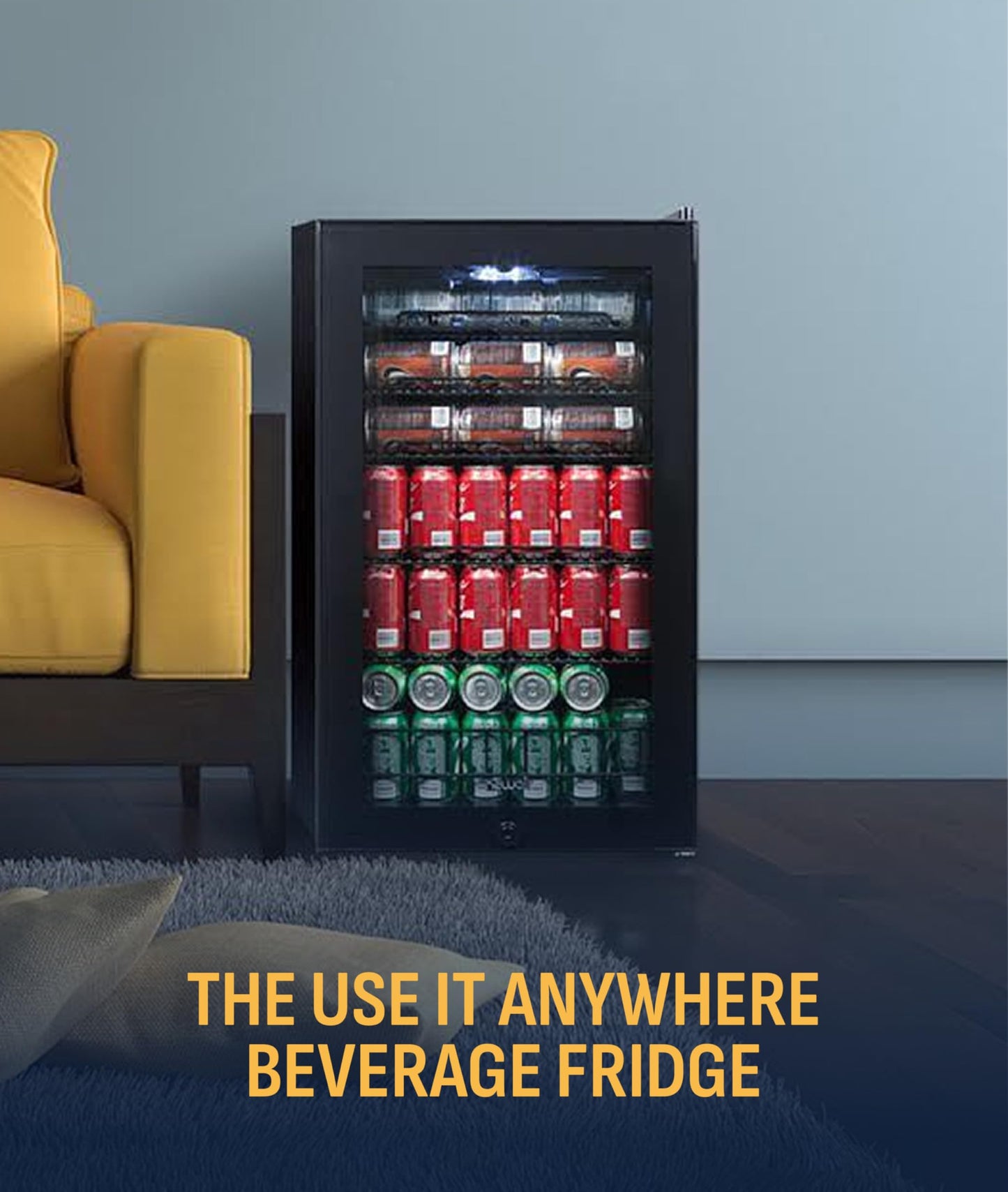 NewAir 126 Can Beverage Refrigerator | Freestanding Small Mini Fridge for Bedroom with Glass Door | Drink Cooler with Adjustable Shelves, Quiet Cooling & Locking Door | Black