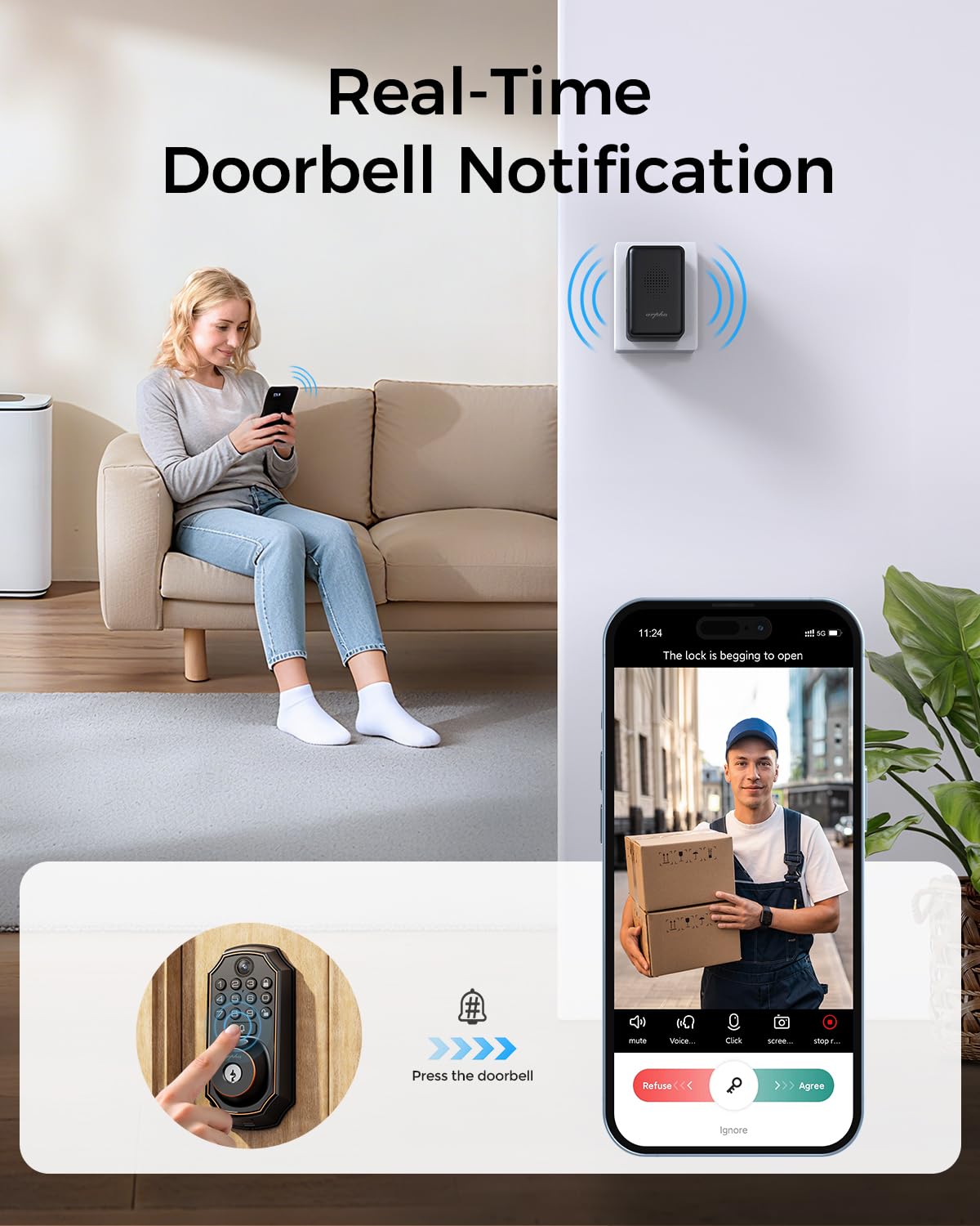 ARPHA Keyless Entry Deadbolt with Handle Set - WiFi Smart Lock with Camera, 5-in-1 Camera+Doorbell+Fingerprint+Keypad, App Control, Auto Lock, Easy Install, Waterproof for Front Door（Black）