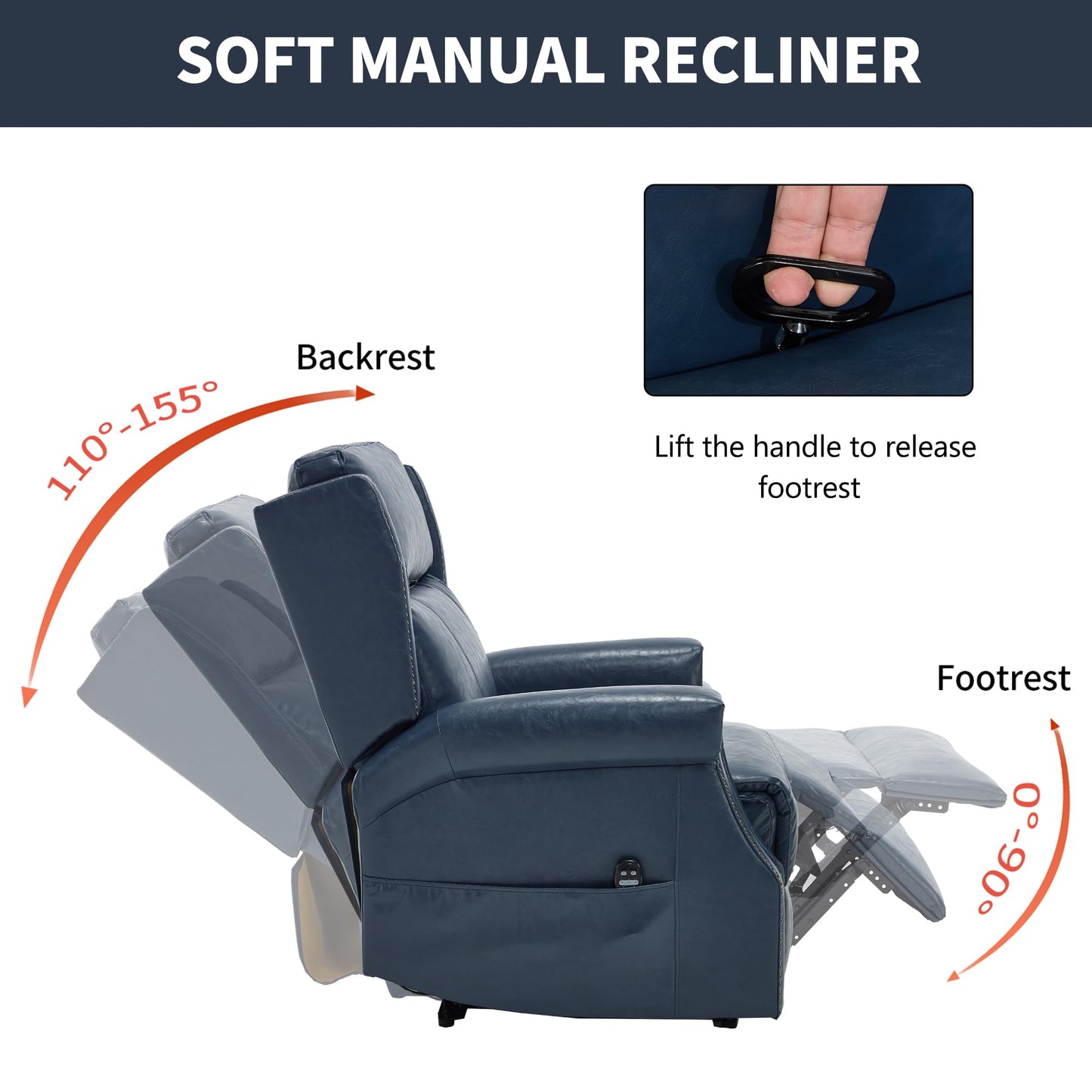 KEIKI Mid Century Modern Oversized Recliner Accent Chair for Adults, Manual Leather Recliner Chair with Back Massager and Heating for Living Room, Apartment Rocking Reading Chairs for Adults, Blue