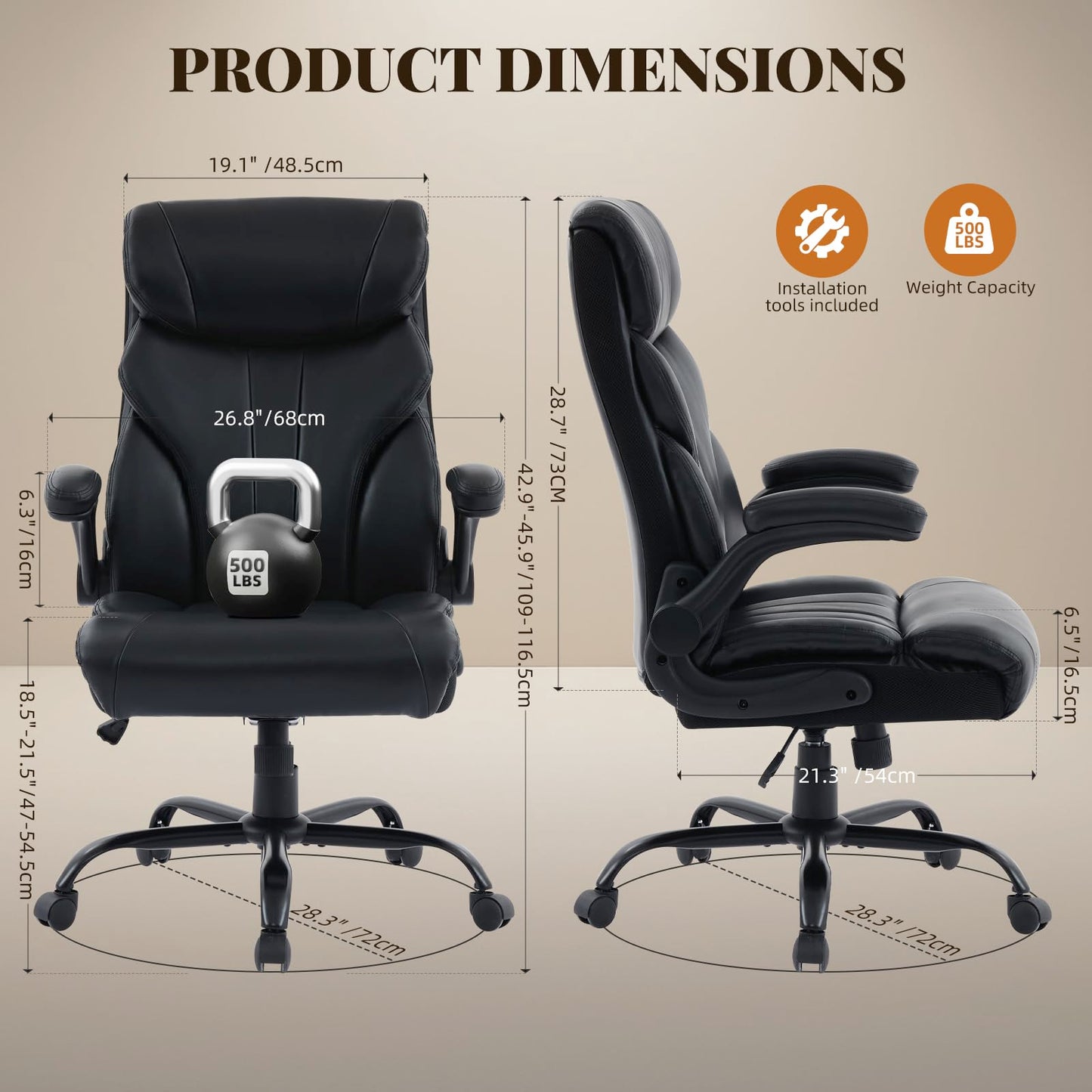 Big and Tall Office Chairs with Adjustable Flip-up Armrests,500LBS Wide Ergonomic Gaming Chair,100-118°Recline Executive Leather Computer Chairs with Adjustable Height,Black