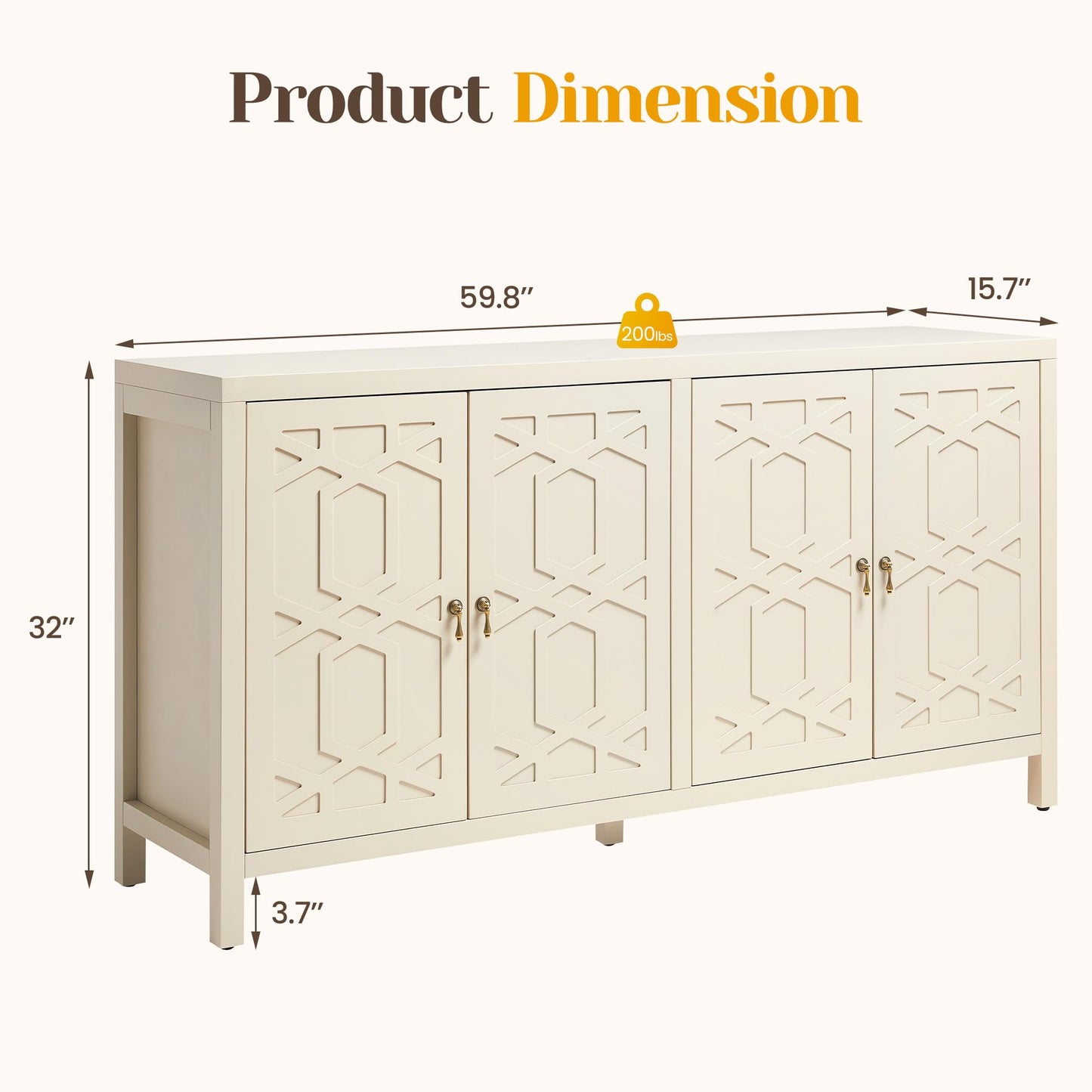 FansaFurn 60'' Buffet Cabinet with 4 Doors, Modern Wood Sideboard with Adjustable Shelves, Painted Coffee Bar Table Credenza Storage Cabinet for Living Room, Dining Room, Beige
