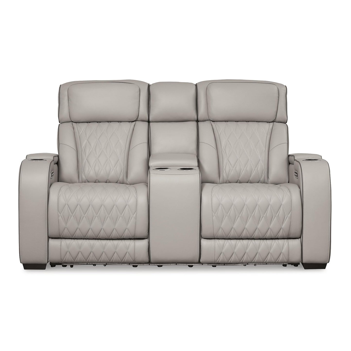 Signature Design by Ashley Boyington Contemporary Leather Match Power Reclining Loveseat with Console and USB Charging Ports, LED Lights and Adjustable Headrest, Light Gray