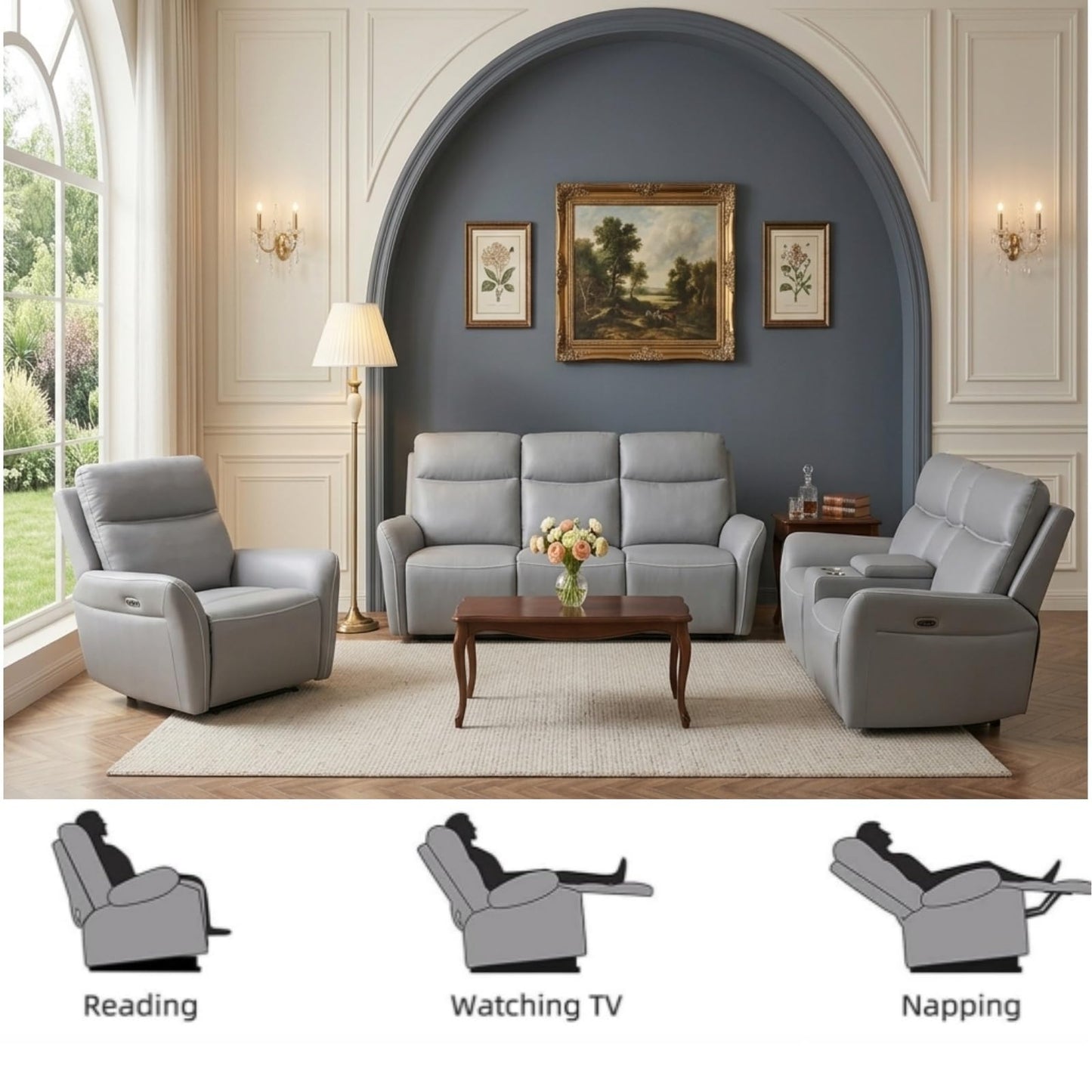 Trygoal Modern Power Recliner Sofa Set of 3, Breathable Faux Leather Home Theater Seating with Power Drop-Down Console, Wireless Charging & Storage Loveseat, Retro Vintage Furniture, Light Grey