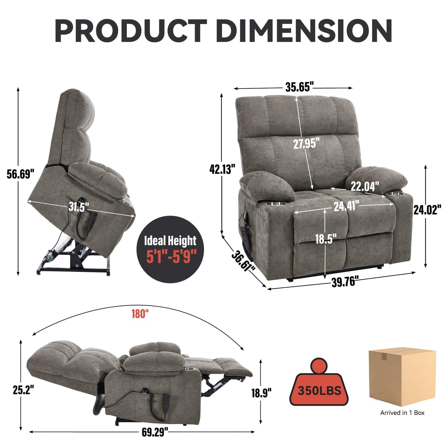 KEIKI Large Dual Motor Power Lift Recliner Chair for Adult, Chenille Upholstery Breathable Rocking Chair with Back Massager and Heated with Cup Holders, Famliy Daily Rest and Living Room Comfy, Brown