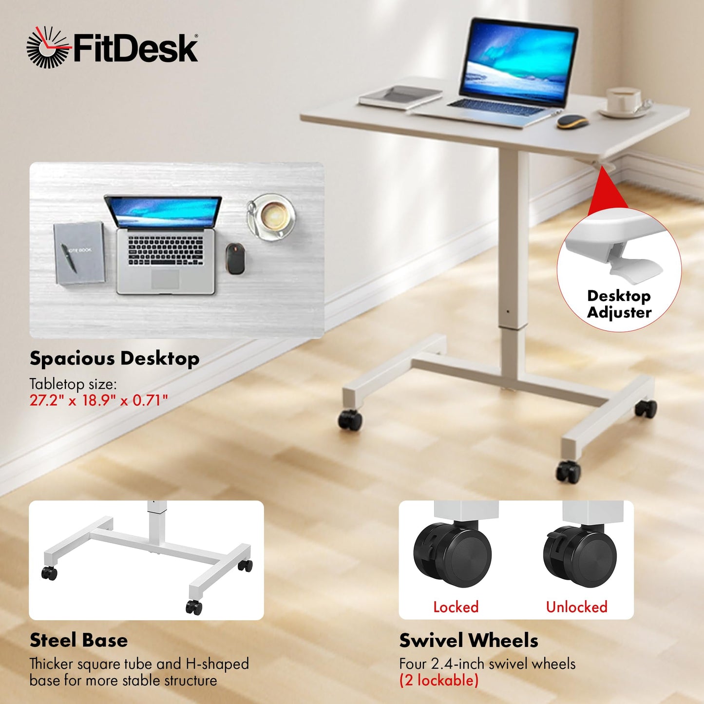 FitDesk Portable Laptop Desk, Rolling Standing Workstation Adjustable Height, Compact Standing Table with Large Surface, Small Stand Desk for Home Office, 30 lb Weight Limit, White, 27" Tabletop