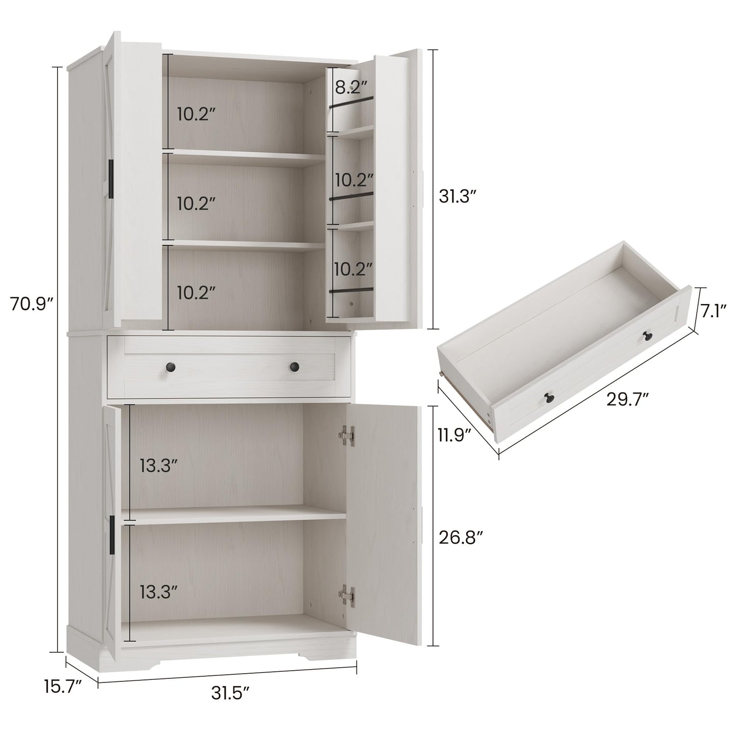 Garvee 71" Kitchen Pantry Cabinet, Barn Door Freestanding Cupboard with Drawer, Sliding Storage Rack, and 6 Hanging Shelves for Kitchen, Dining Room, Living Room Bedroom