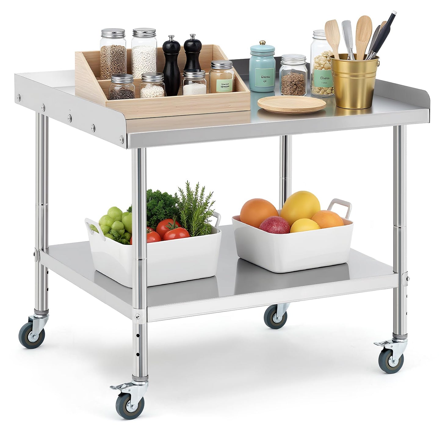 MilleLoom 36"x30"x30" Stainless Steel Grill Stand Table, NSF Certified, 3-Sided 2" Backsplash, Adjustable Legs & Wheels, 660 lbs Capacity, Equipment Stand for Restaurant, Hotel, Home Kitchen