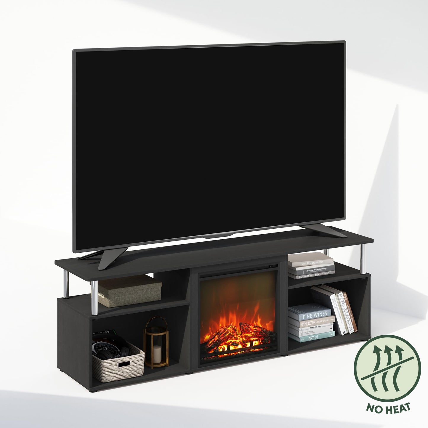 Furinno Jensen Fireplace TV Stand, NO Heat Decorative Electric Fireplace TV Stand for TV up to 70 Inch, with Open Storage, for Living Room, Americano/Stainless Steel