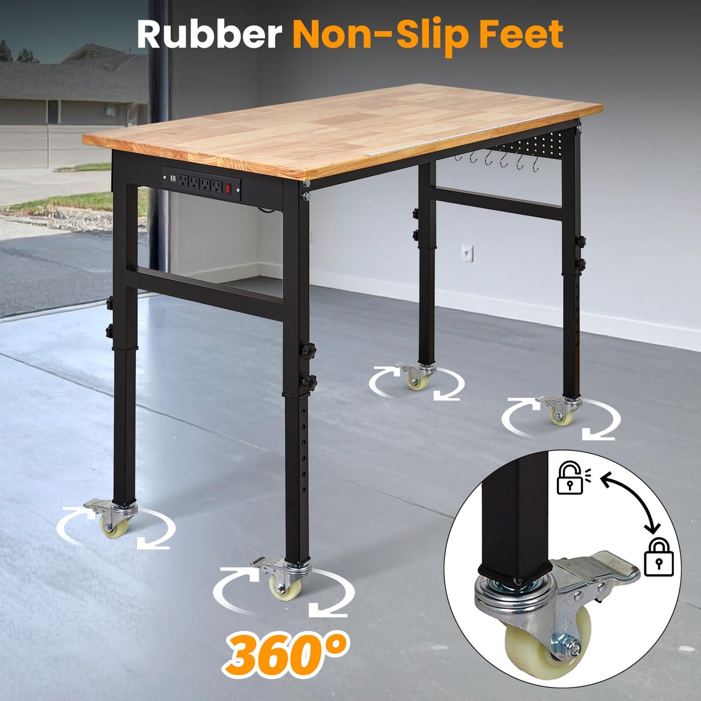 48" Adjustable Workbench with Power Outlet, 2000 Lbs Heavy Duty Work Table, 29.5"-39.4" Height Adjustable Workbench with Wheels & Pegboard, for Garage Office Workshop Home Commercial