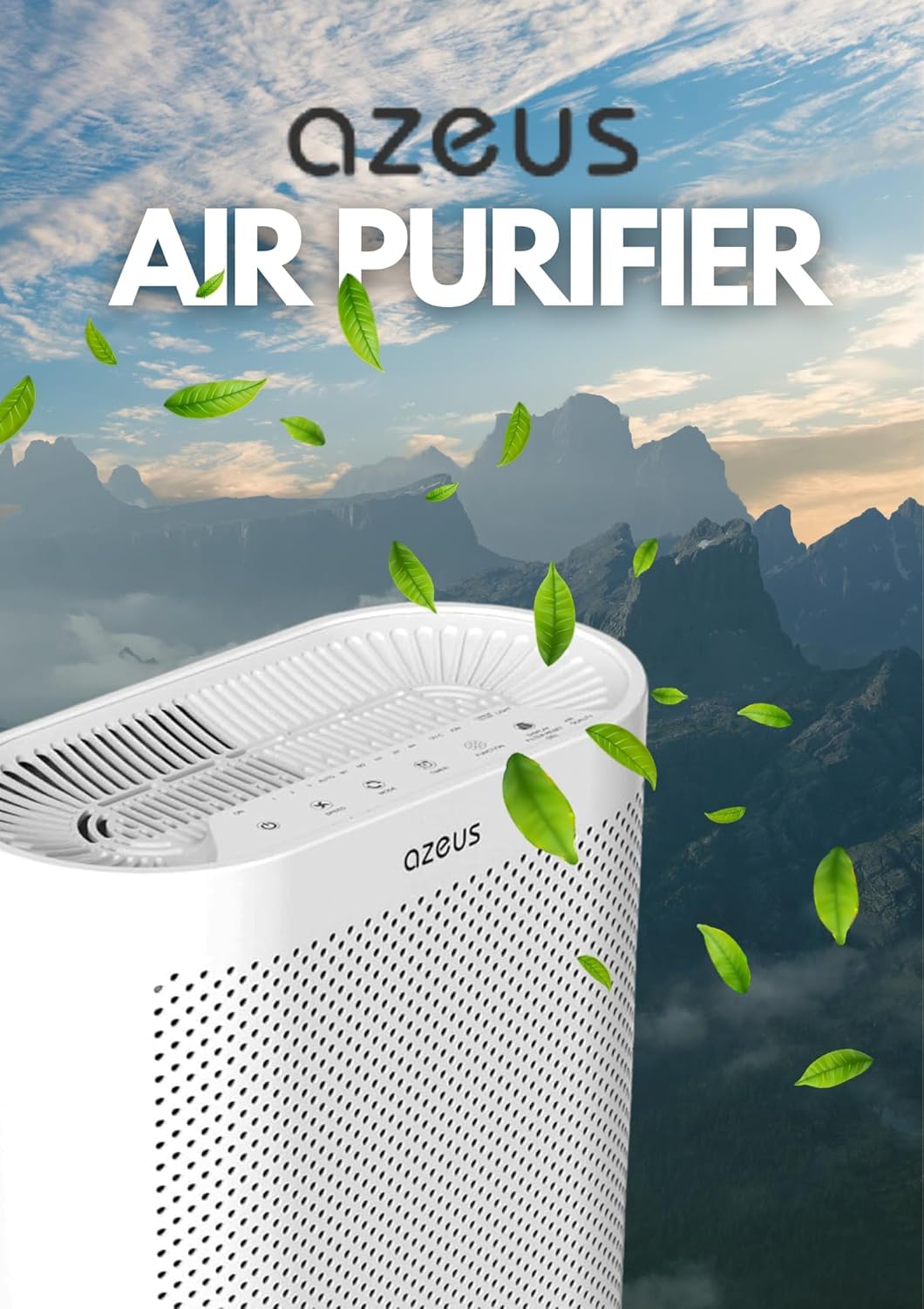 Azeus FS32 True HEPA Air Purifier for Large Rooms, White, High CADR 400m³/h, Smoke Dust Pet Dander Removal, Auto Mode with Air Quality Senso
