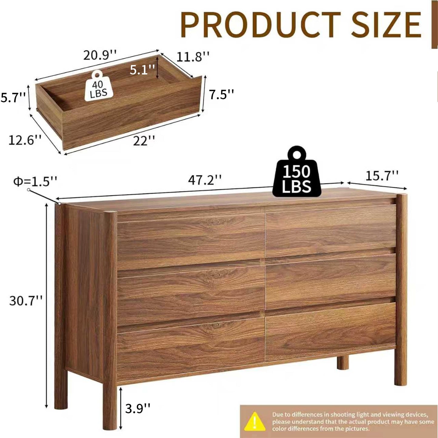 CHUWELL Walnut 6 Drawers Dresser for Bedroom, 47.2" Wide Mid Century Modern Chest of Drawers with 4 Solid Wood Cylindrical Legs and Large Storage Space, Large Dresser for Bedroom