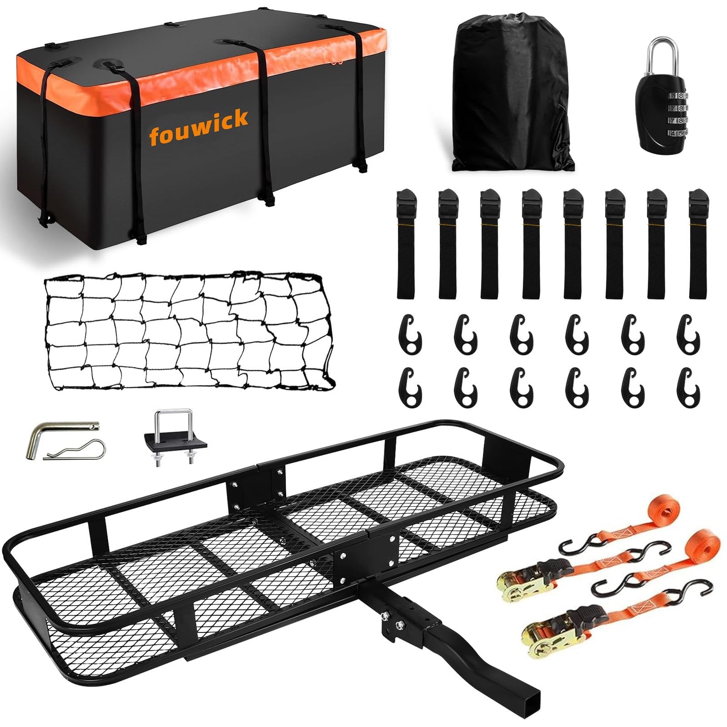 60x 20x 6 Folding Trailer Hitch Mount Cargo Carrier with 58x24x19 Waterproof Bag, Stabilizer, Net & Straps 500LBS Capacity, Powder Coating Luggage Rack Basket Car Storage, Fits 2" Receiver