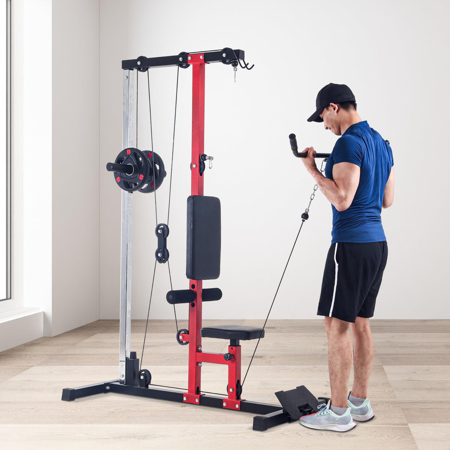 CABIHOME LAT Power Cable Machine - Adjustable Leg Support LAT Pull Down Machine with High & Low Pulley for Home Gym Back Strength Training，Black & Red