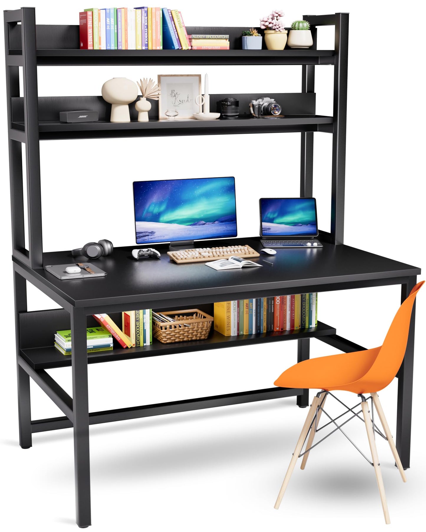 Aquzee Computer Desk with Hutch and Bookshelves, Large Leg Room 47 inch Width Black Desk with Space Saving Storage Shelves for Home Office,Study, Work, Easy Assemble