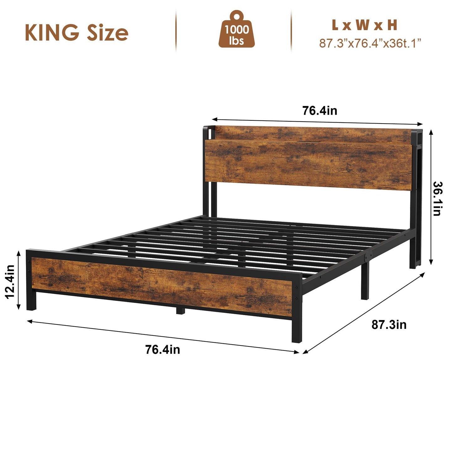 IDEALHOUSE King Size Bed Frame with Storage Headboard, Industrial King Bed Platform with Charging Station and USB Ports, No Box Spring Needed Easy Assemble Mattress Foundation - Rustic Brown