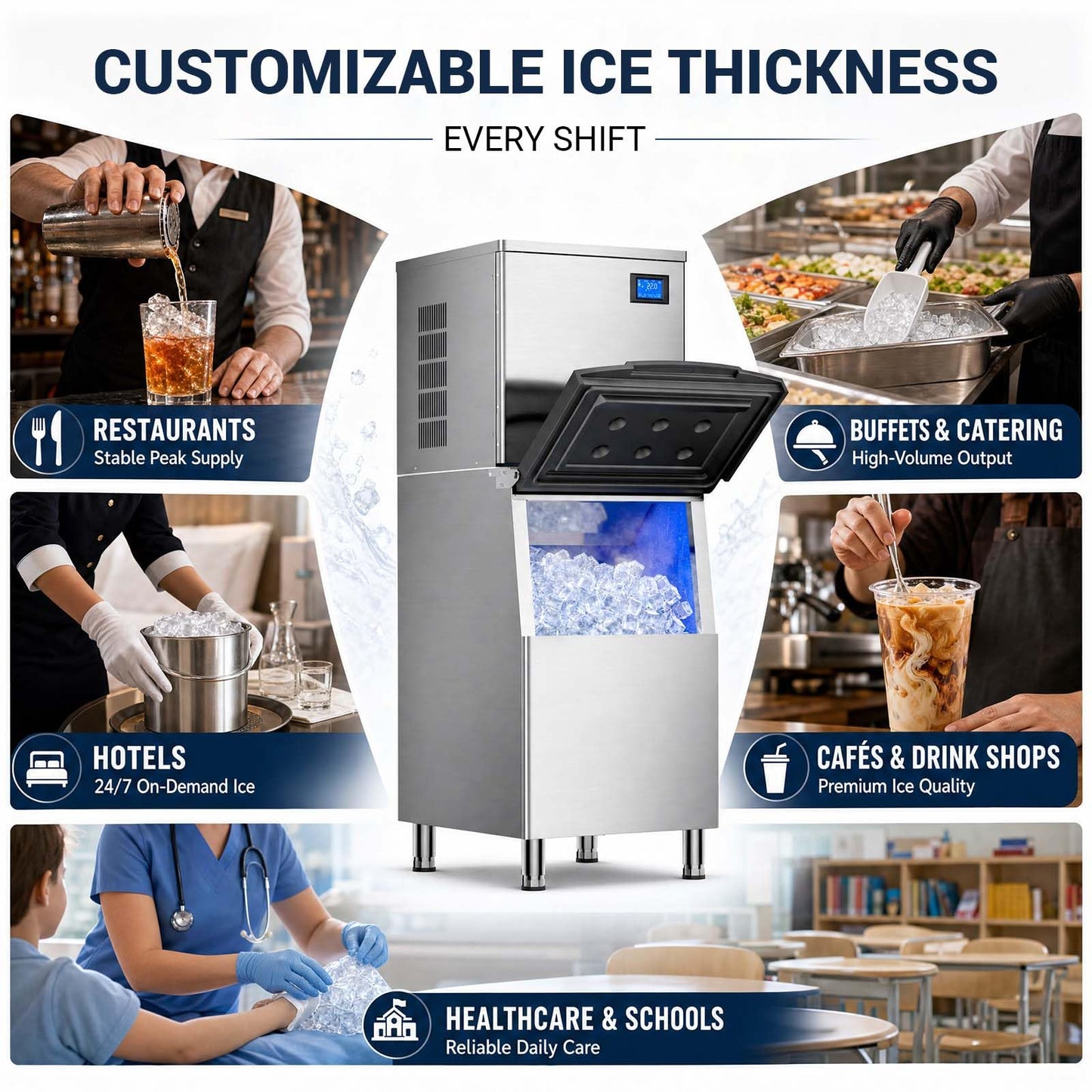 Commercial Ice Maker Machine, 650Lbs/24H Ice Machine with 500LBS Large Storage Bin, ETL Approval, Auto Cleaning Mode & Timing Function, Air Cooled Commercial Ice Maker for Restaurant/Bar/Cafe/Business