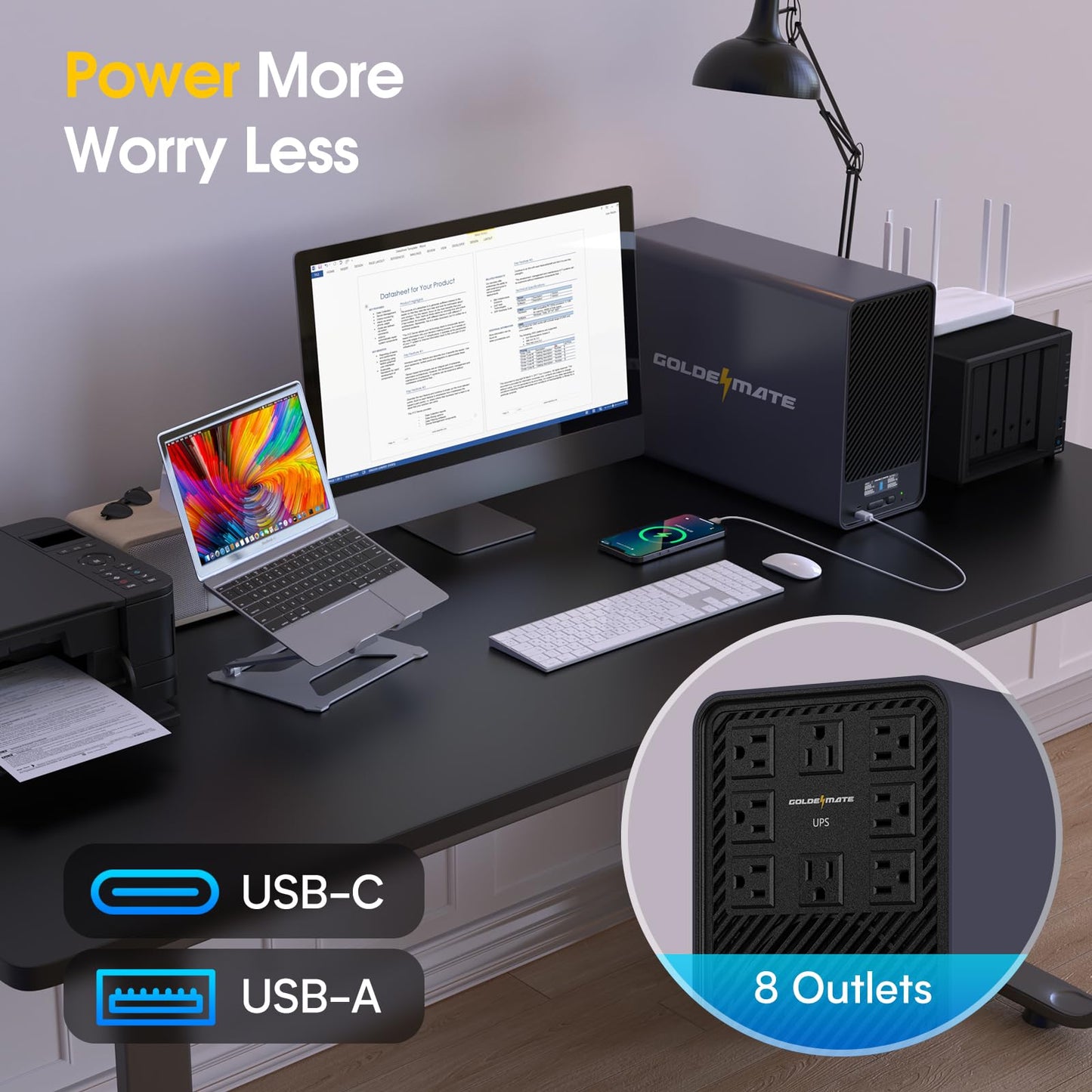 GOLDENMATE 2000VA/1600W Lithium UPS Battery Backup and Surge Protector, Backup Battery Power Supply with LiFePO4 Batteries(460Wh), AVR, Line Interactive Sinewave UPS System, 8 Ports, LCD Screen, Gray