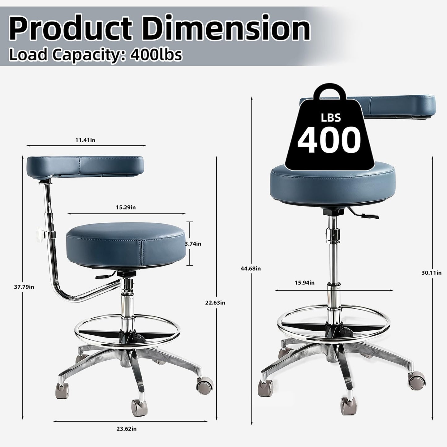 Viviange Ergonomic Dental Stool with Adjustable Height & Rolling Base - Comfortable Dentist Chair for Hygienists, Assistants, & Medical Professionals - Blue Grey