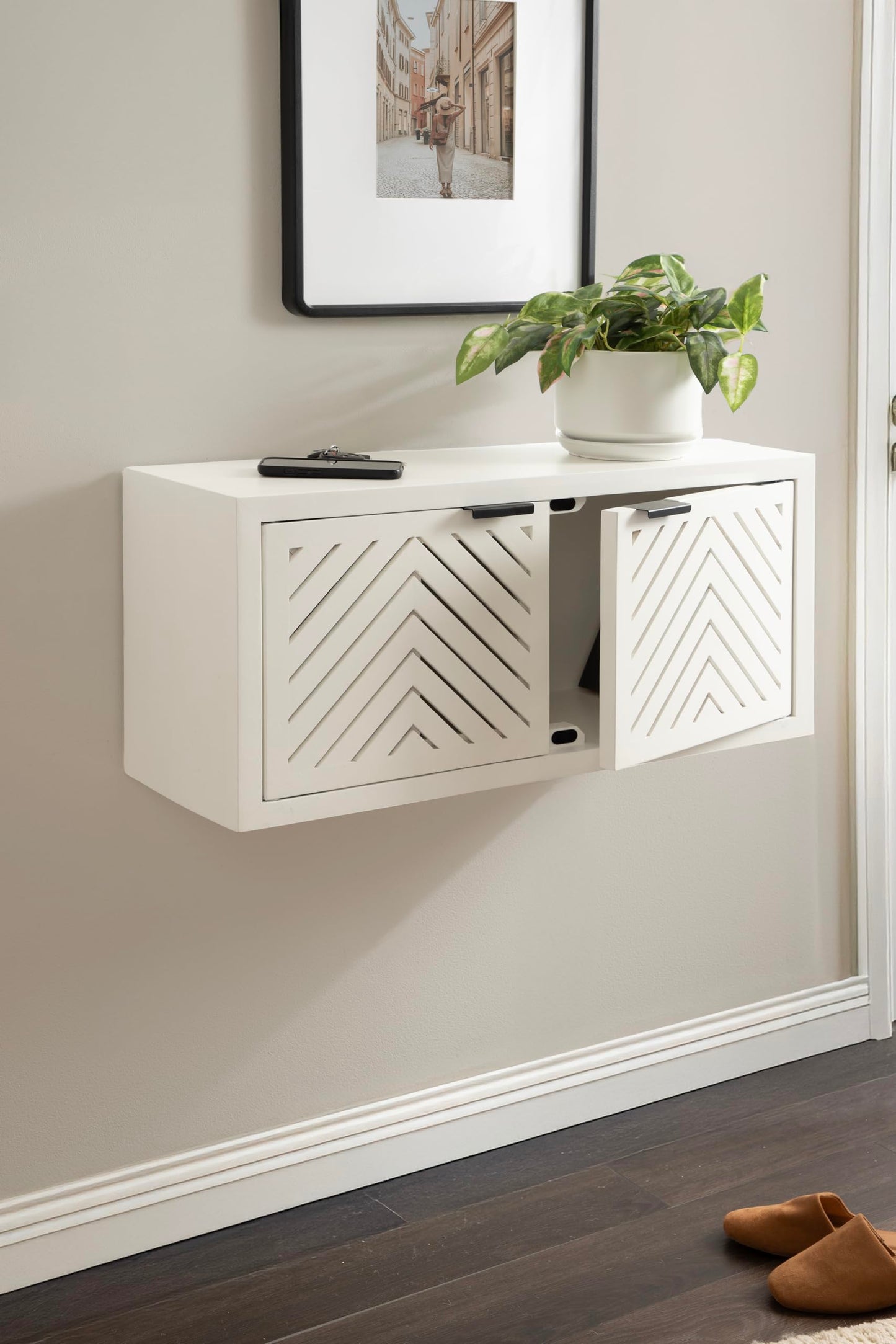 Kate and Laurel Mezzeta Decorative Two-Door Wall Cabinet, 30 x 10 x 14, White, Decorative Modern Storage Cabinet for Use as Floating Nightstand or Floating TV Shelf