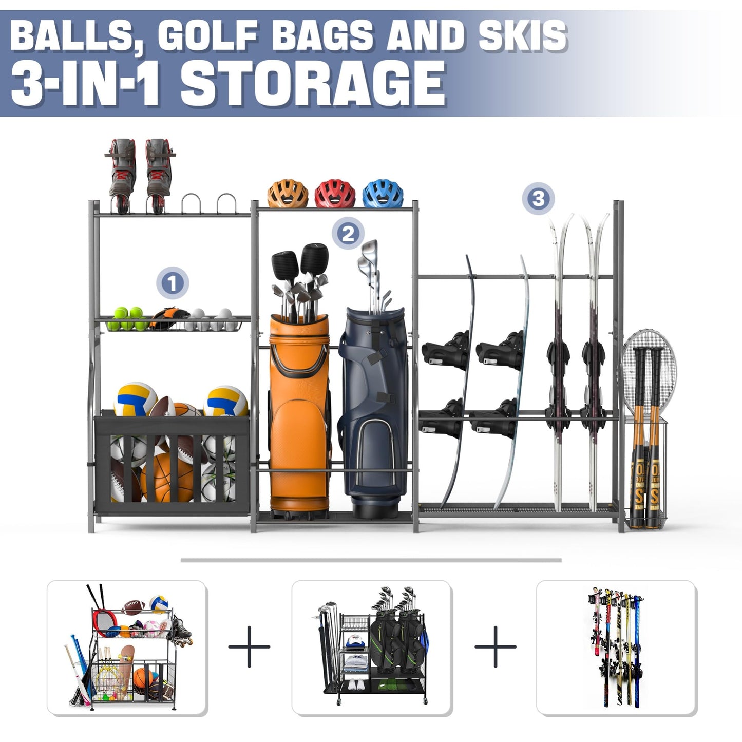 WALMANN Garage Sports Equipment Organizer Stand, Freestanding Ski & Snowboard Storage Rack with Ball Bin and Golf Bag Holder, Multi-Sport Storage for Garage
