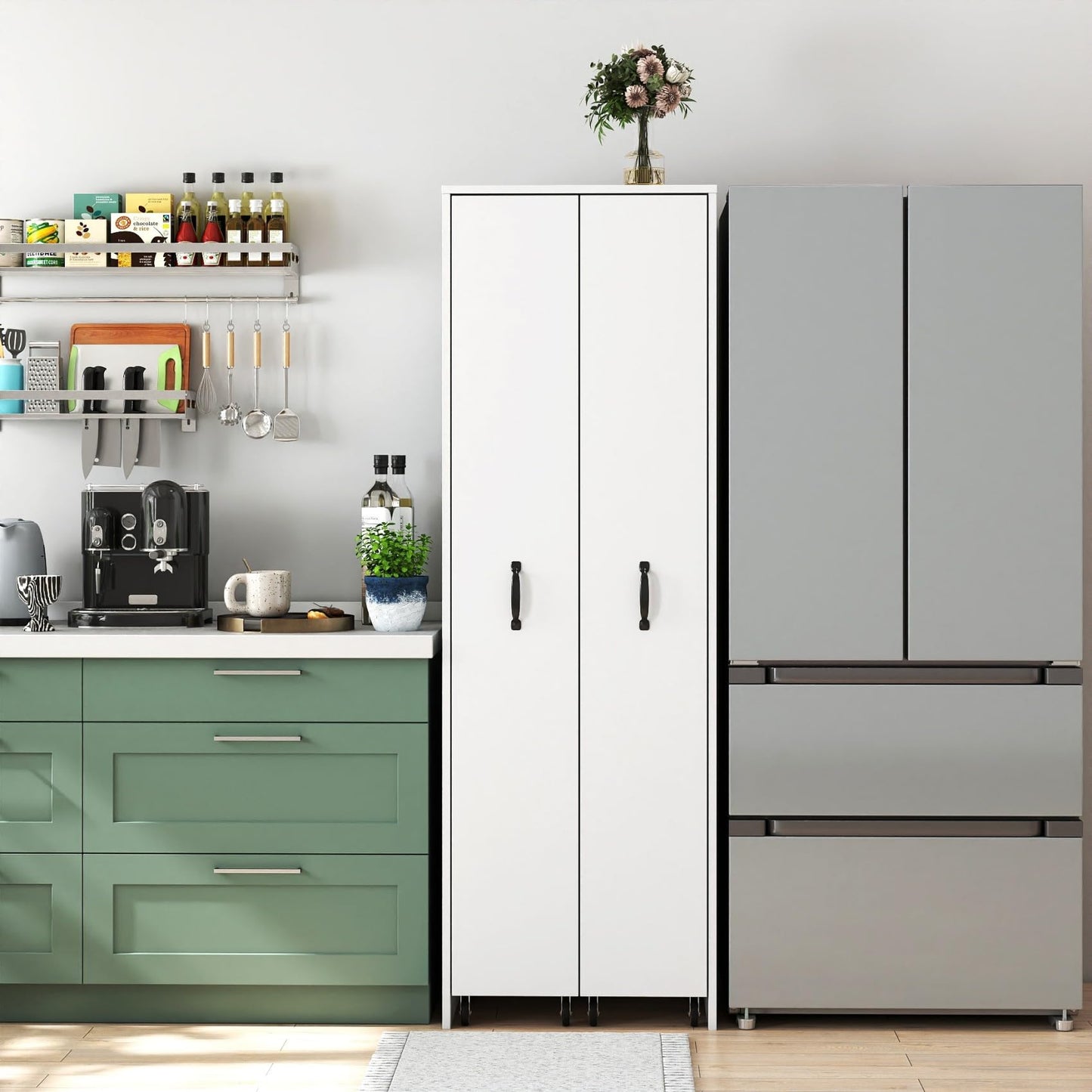KEIKI Pull-Out Kitchen Pantry Storage Cabinet with Multi-Tier Shelf & Wheels, Spice Rack Next to Fridge, Freestanding Wood Bookcase Hutch Food Pantries Cupboard for Dining Room, Narrow Spaces, Office