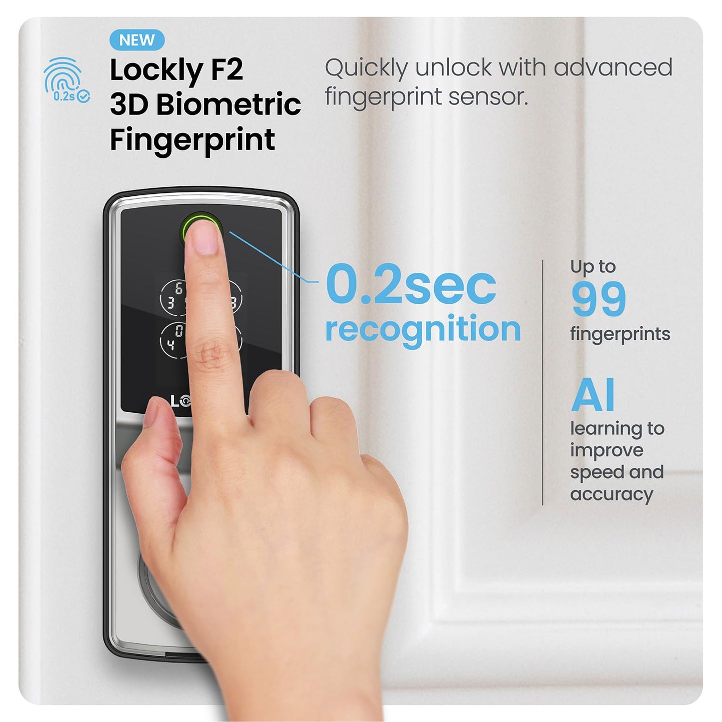 Lockly Secure Pro Smart Lock, 0.2s AI Fingerprint Door Lock, Patented PIN Genie Keypad, Keyless Entry Deadbolt for Front Door, Zinc Alloy, IP65 Waterproof, 2 Backup Keys Included