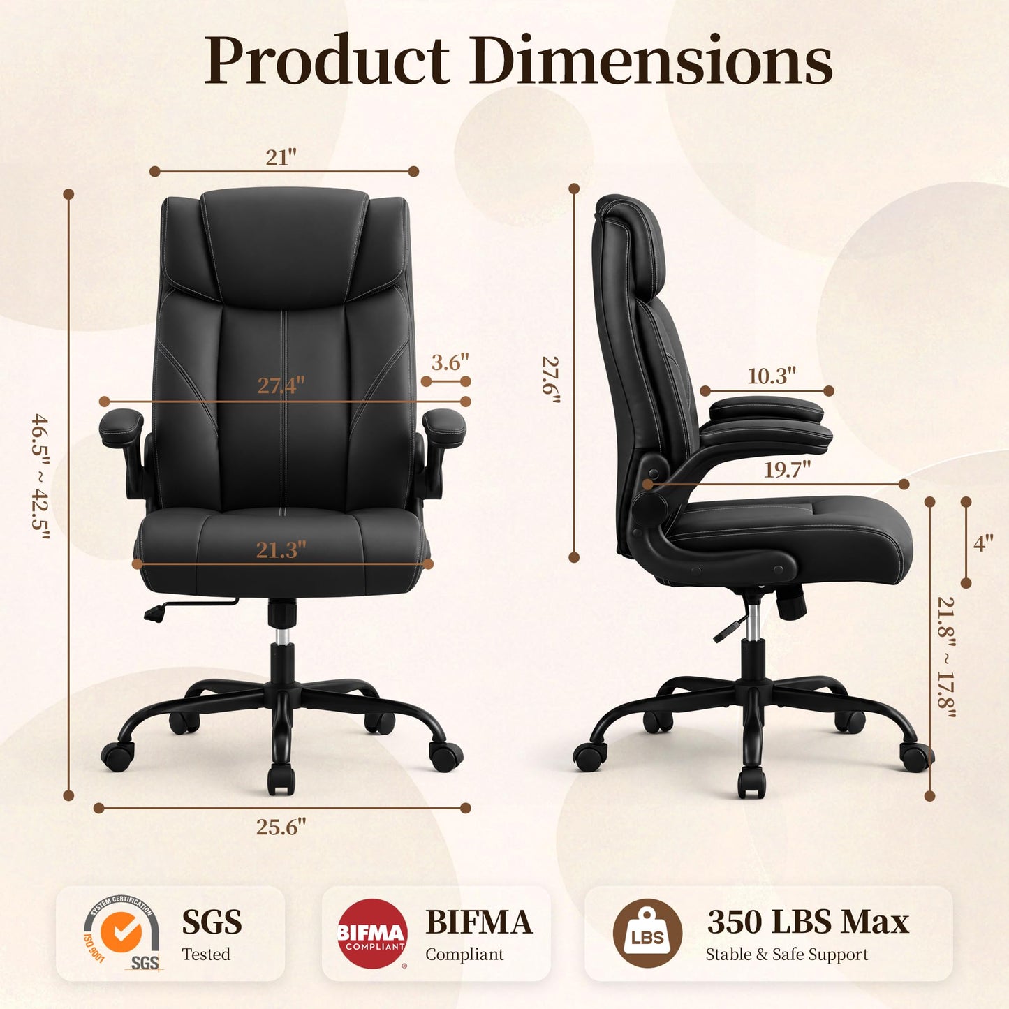 OwgeinSet Office Chair, Leather Ergonomic Computer Desk Chair with Rocking Function, High Back Executive Home Office Chair with Adjustable Flip-up Armrests, Lumbar Support, 360° Swivel, Black