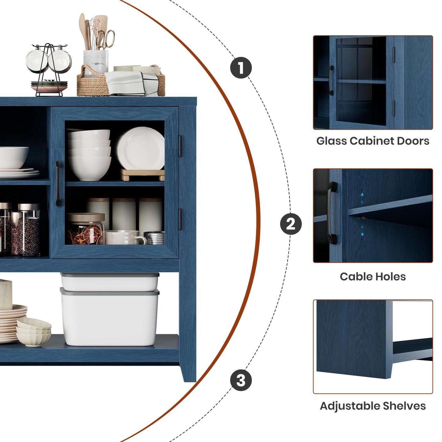 GarveeHome 53 Inch Storage Cabinet Sideboard Buffet Cabinet with 3 Shelves and 2 Glass Doors, Coffee Bar Storage Cabinet, Modern Mid CenturyCoffee Bar Cabinets for Living Room, Kitchen, Entryway
