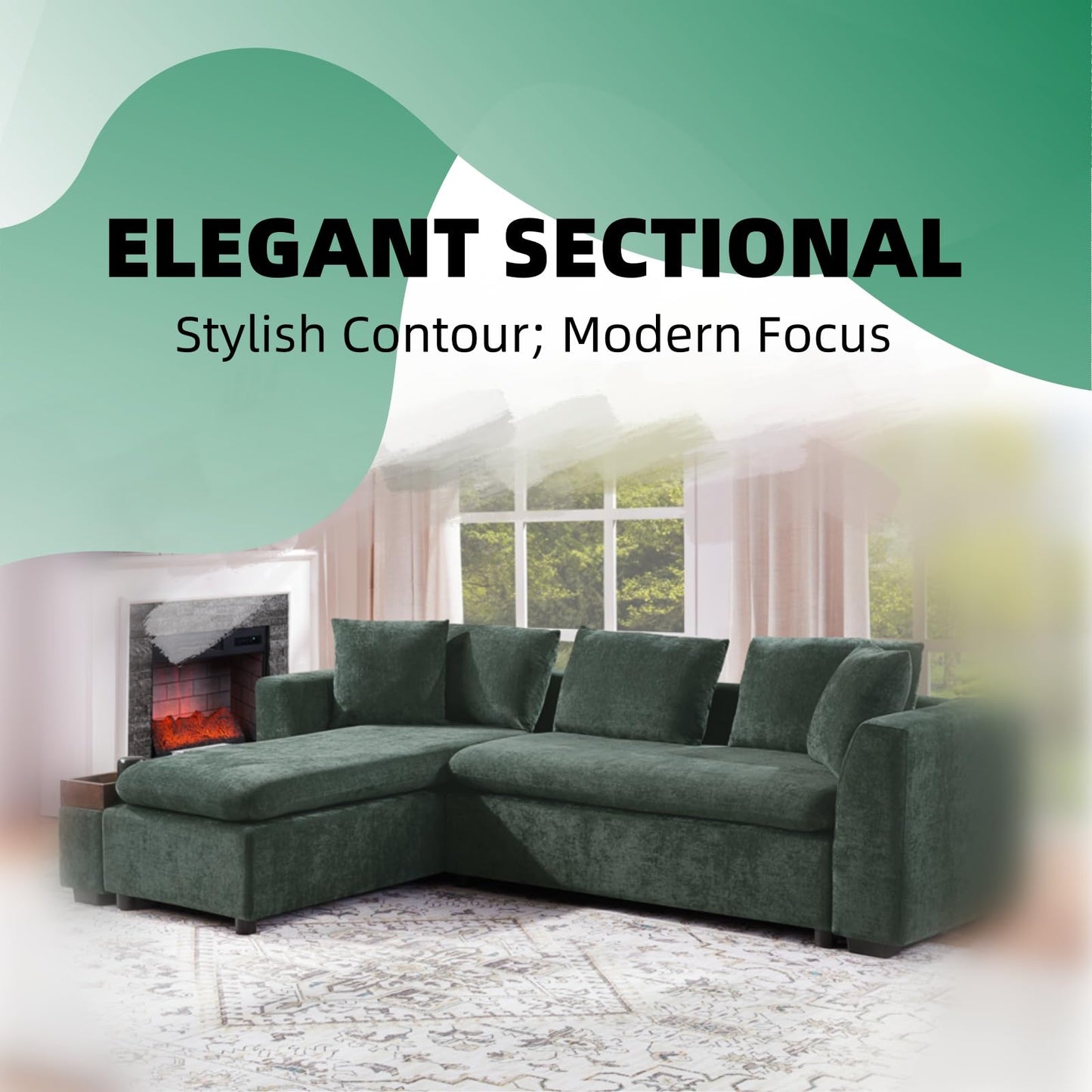 Trygoal 93.7" L-Shaped Sectional Sofa with Storage Chaise, Modern Couch for Living Room, Chenille Upholstered Couch with Deep Seats & Throw Pillows, Modern Corner Sofa for Living Room, Green