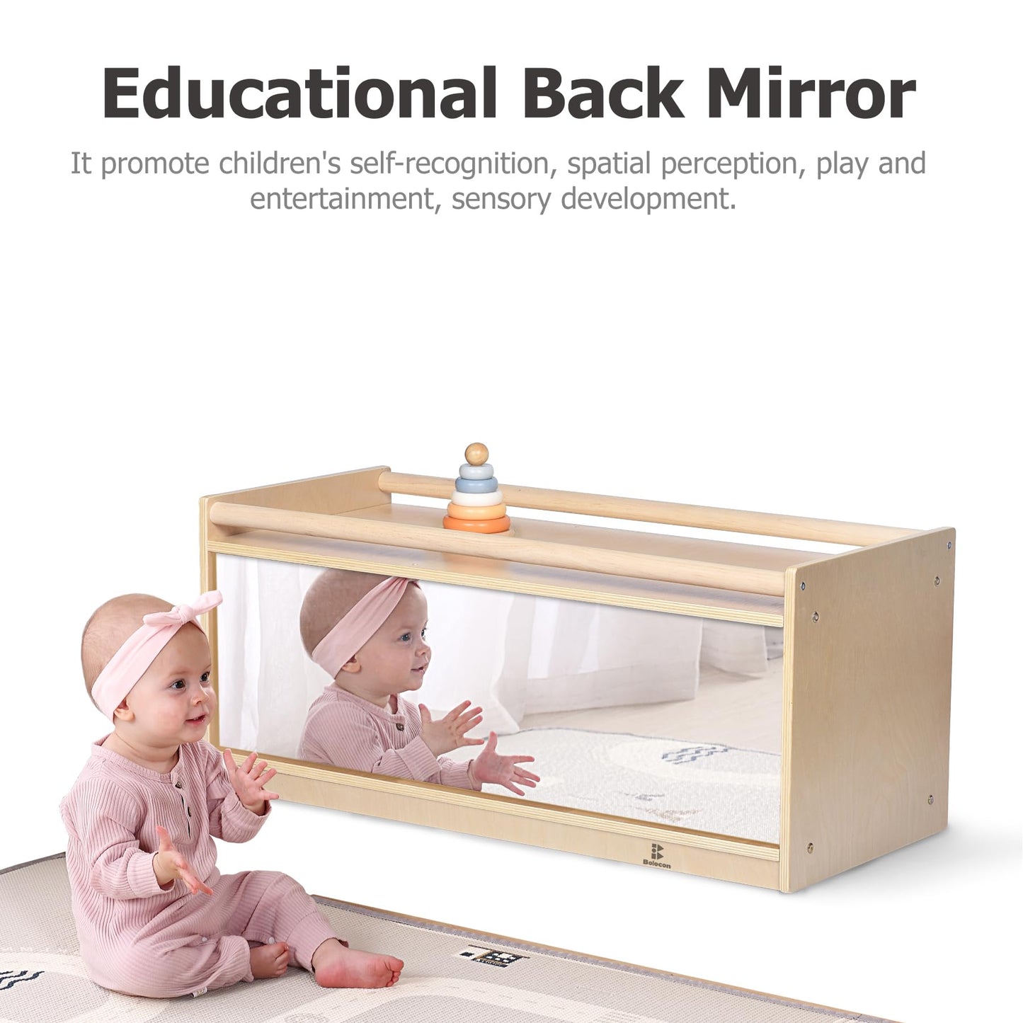 Toddler Toy Storage w/ Mirror Back, Baby Preschool and Daycare Cubbies w/ 2 Top Holding Handrail, Little Kids Tummy Time Furniture, Home, Classroom, Montessori Book Browser (1 Tier w/ Mirror Back)