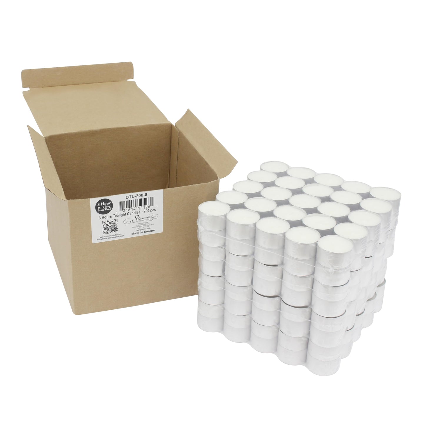 Stonebriar Tea Light Candles - 300 Pack, Unscented, 8 Hour Burn Time, Clear Wax, Model DTL-300-8