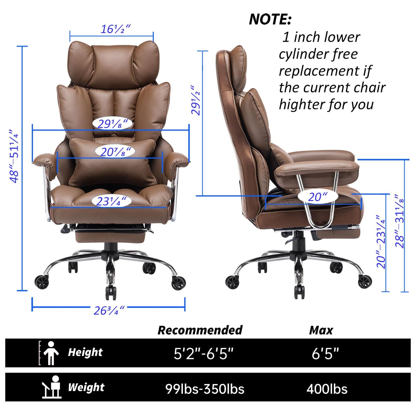 Efomao Big and Tall Office Chair 400lbs – High Back Executive Chair with Swivel Base, PU Leather Upholstery, Lumbar Pillow, Padded Armrests, and Rolling Wheels，Brown Computer Chair