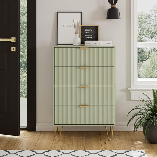 Masupu 4 Drawer Dresser, Drawer Chest, Tall Storage Dresser Chest Cabinet Organizer Unit with Gold Metal Legs, Nightstand for Bedroom, Living Room, Closet, Hallway Green Stripe