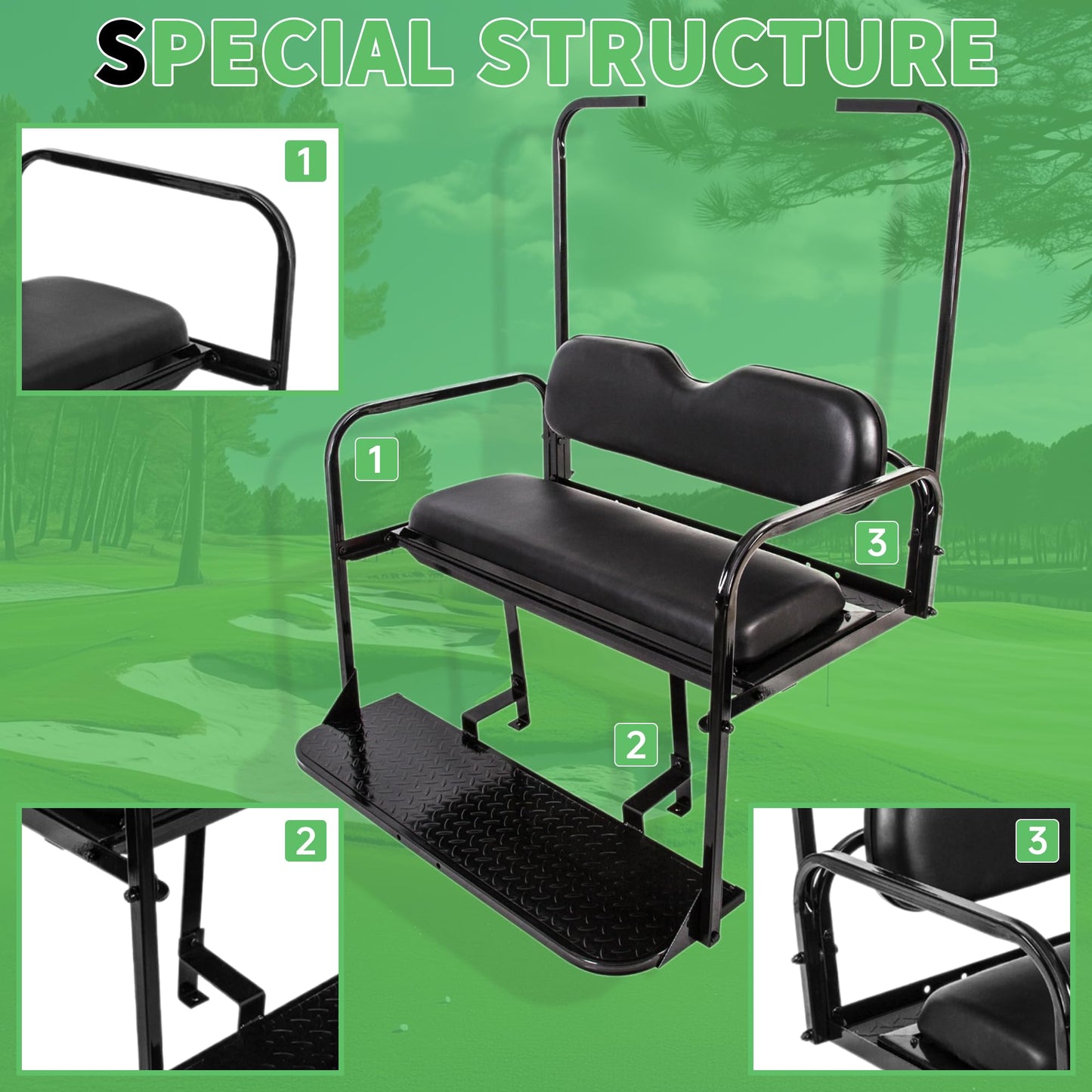ECOTRIC Flip Folding Rear Back Seat Kit Compatible with 1995-Up EZGO TXT Golf Cart w/ roof support - You Will Receive 2 Packages