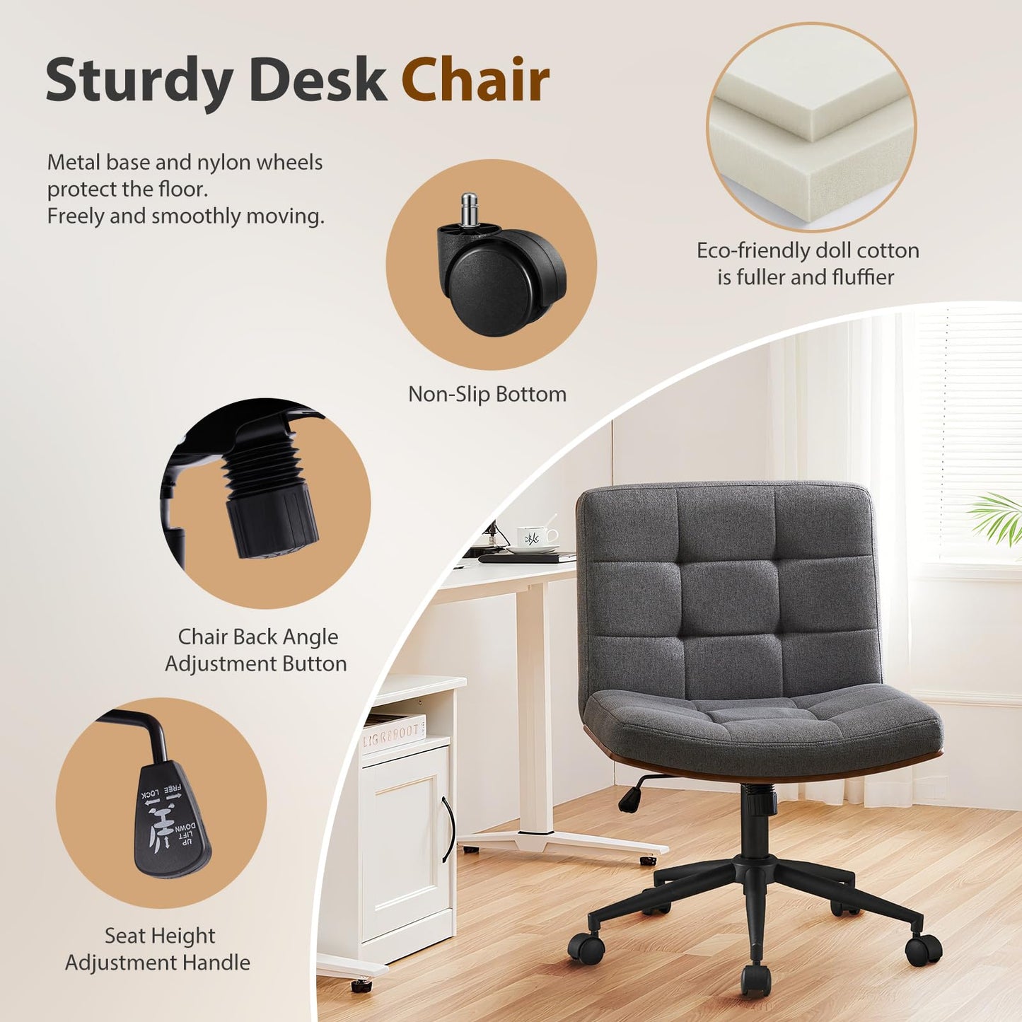 Furnimart Heavy-Duty FSC Wooden Wide Desk Chair, 360° Swivel Criss Cross Office Chair with Wheels, Comfy Cross Legged Sitting, Armless Rolling Chair for Bedroom, Office, Vanity(Linen Gray)