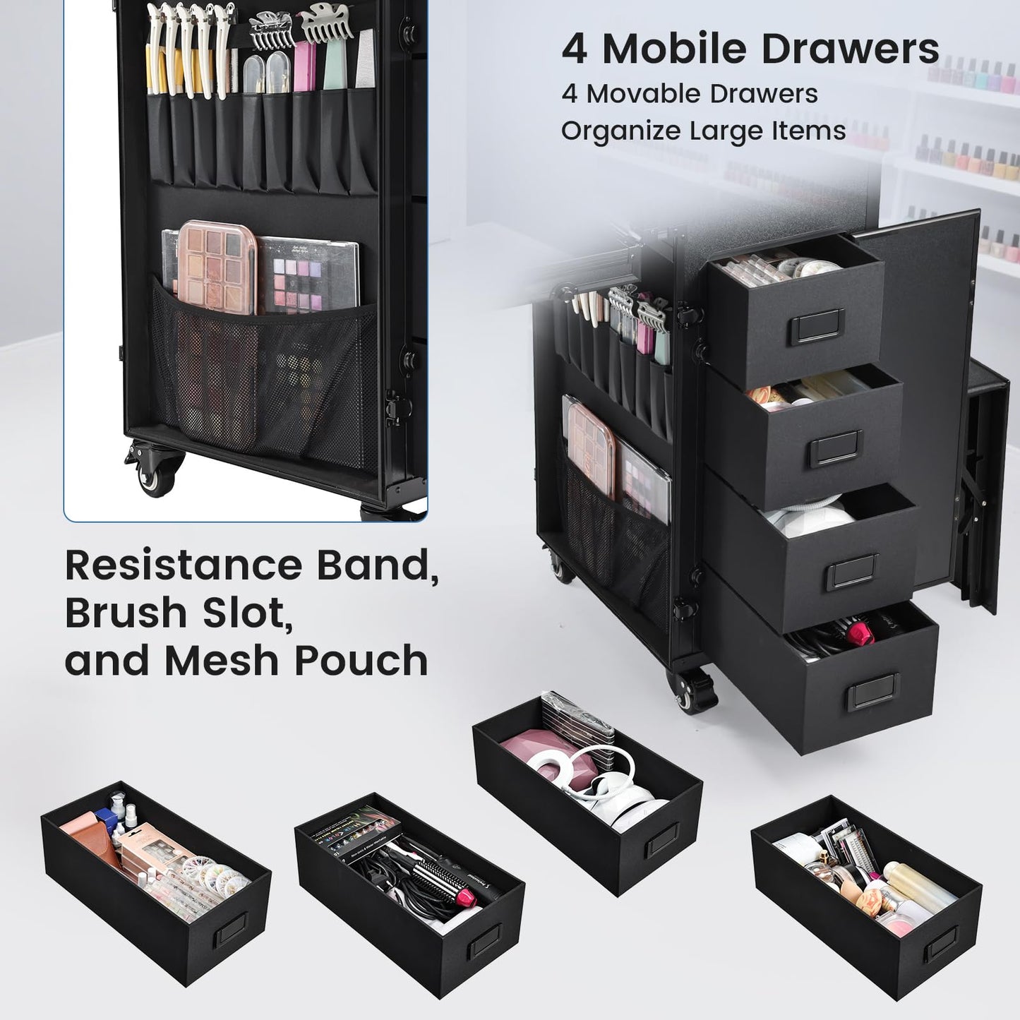 Joligrace Rolling Manicure Table with Pedicure Chair 4 Drawers Rolling Makeup Case Foldable Nail Desk Cosmetology Case on Wheels Brush Pouch Mirror Nail Kits Technician Workstation Artist Trolley