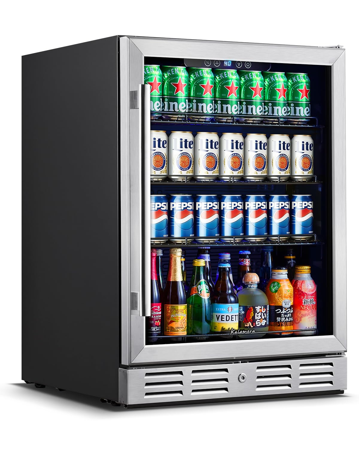 Kalamera 24 Inch Beverage Refrigerator, 164 Cans Under Counter Beverage Cooler for Beer Wine, Built-in/Freestanding Drink Fridge with Glass Door & Adjustable Shelves for Home Kitchen Office Bar