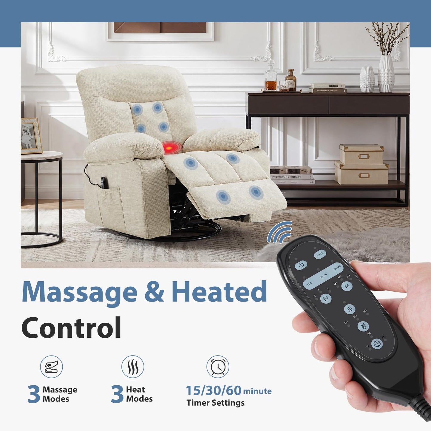 HAPPYMONT Recliner Chair, Durable & Tear-Resistant Massage Chair with Heating, Premium Chenille Fabric Massage Recliner Supports up to 380 LBS for Living Room, Bedroom, Beige
